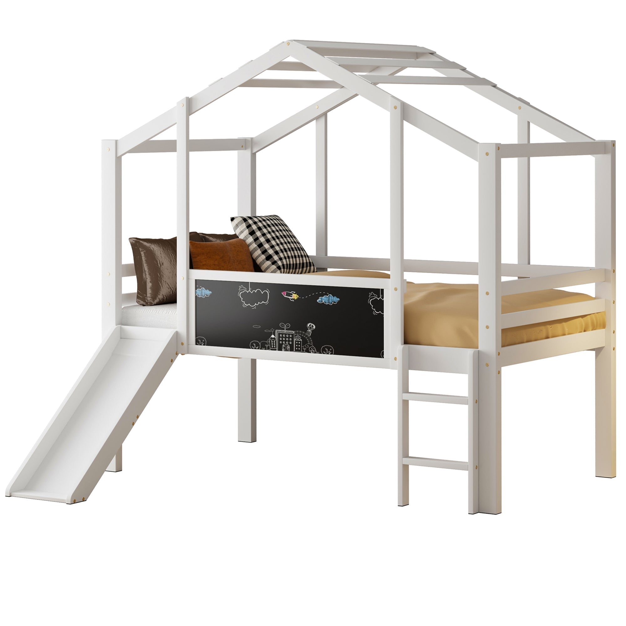 Children's Bed Attic Design, Ladder, Slide, Graffiti Board, Multifunctional Solid Wood, White
