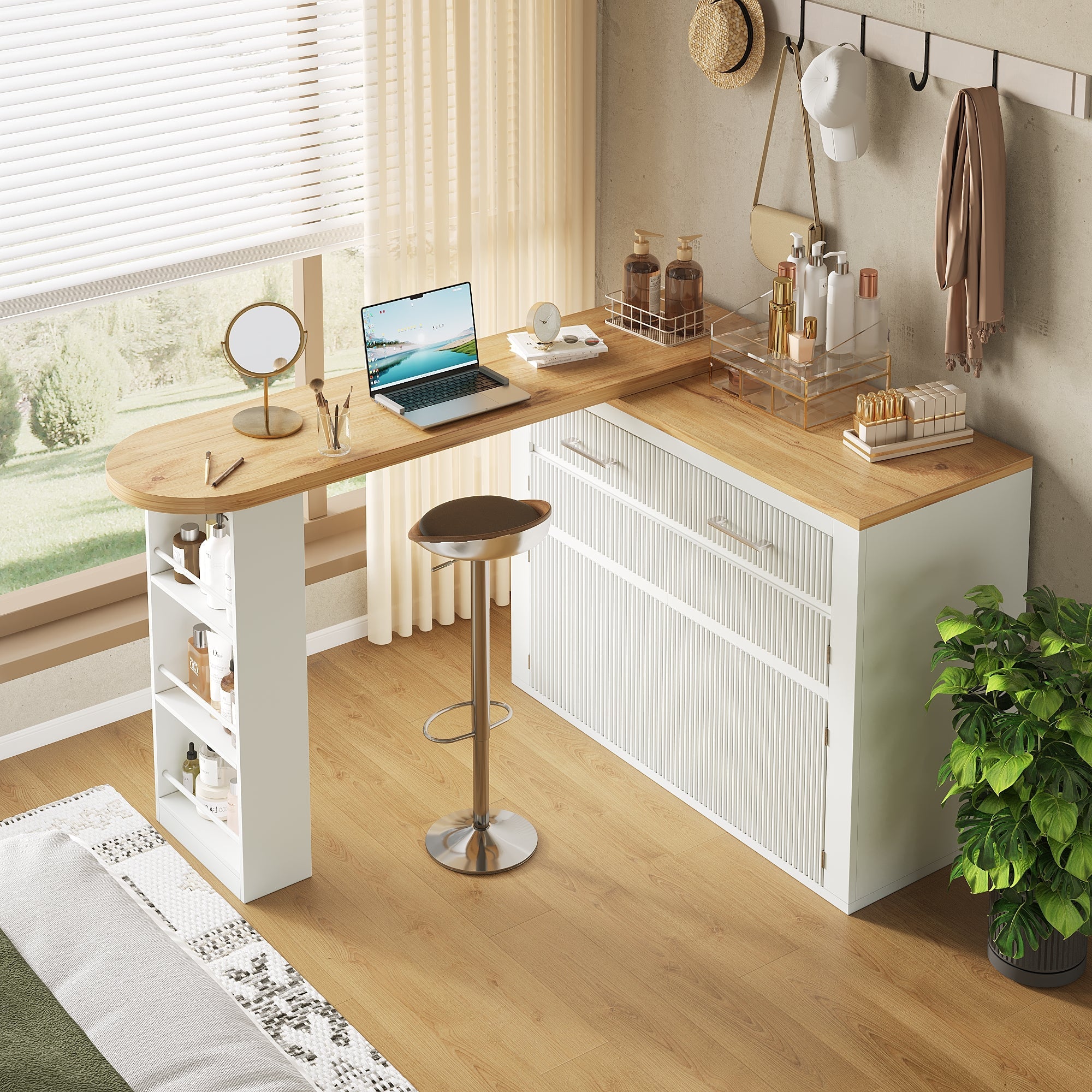 Extendable Bar Table Telescopic Movable Storage Drawer Shelves - White