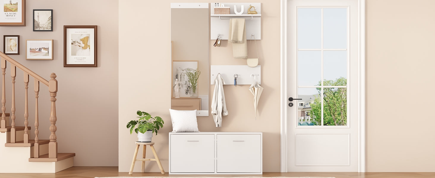 4-Piece Wardrobe Set, 90x30x41.5cm Mirror Hat Shelf Shoe Cabinet 6 Hooks, White