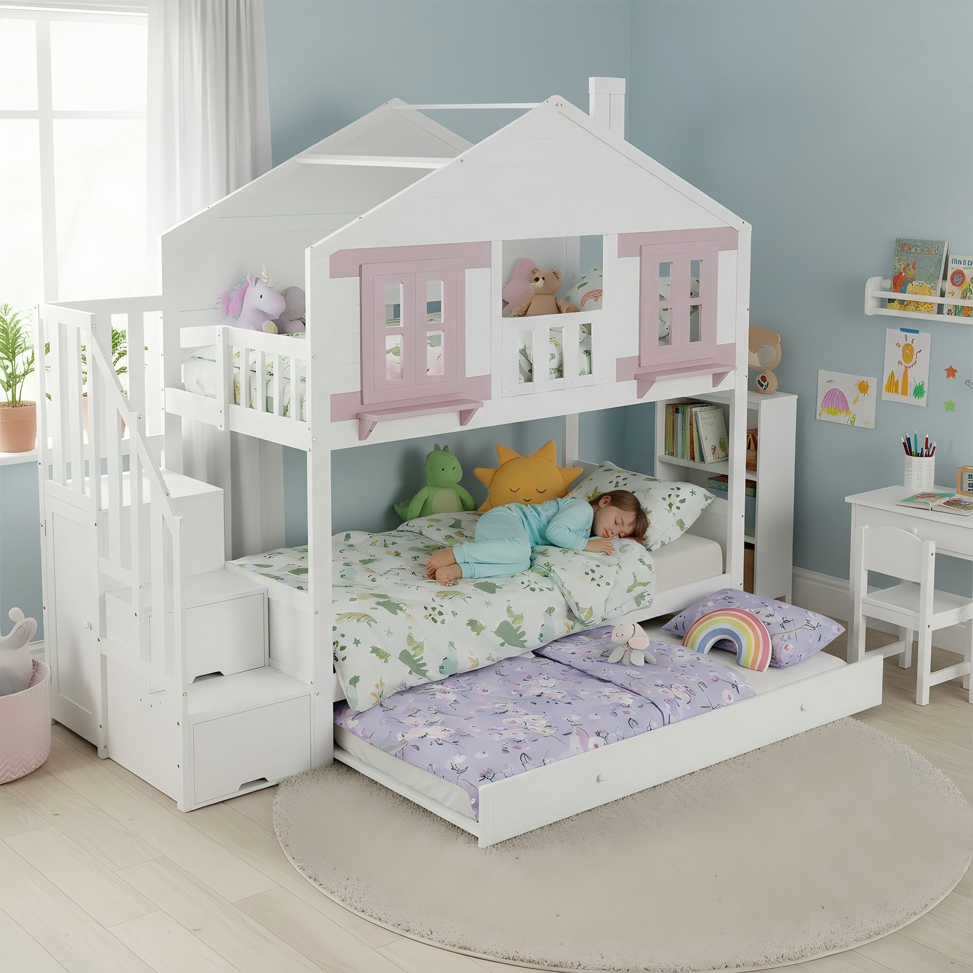 Bunk Bed 90x200cm Trundle Clothes Hanging House Design - White/Pink