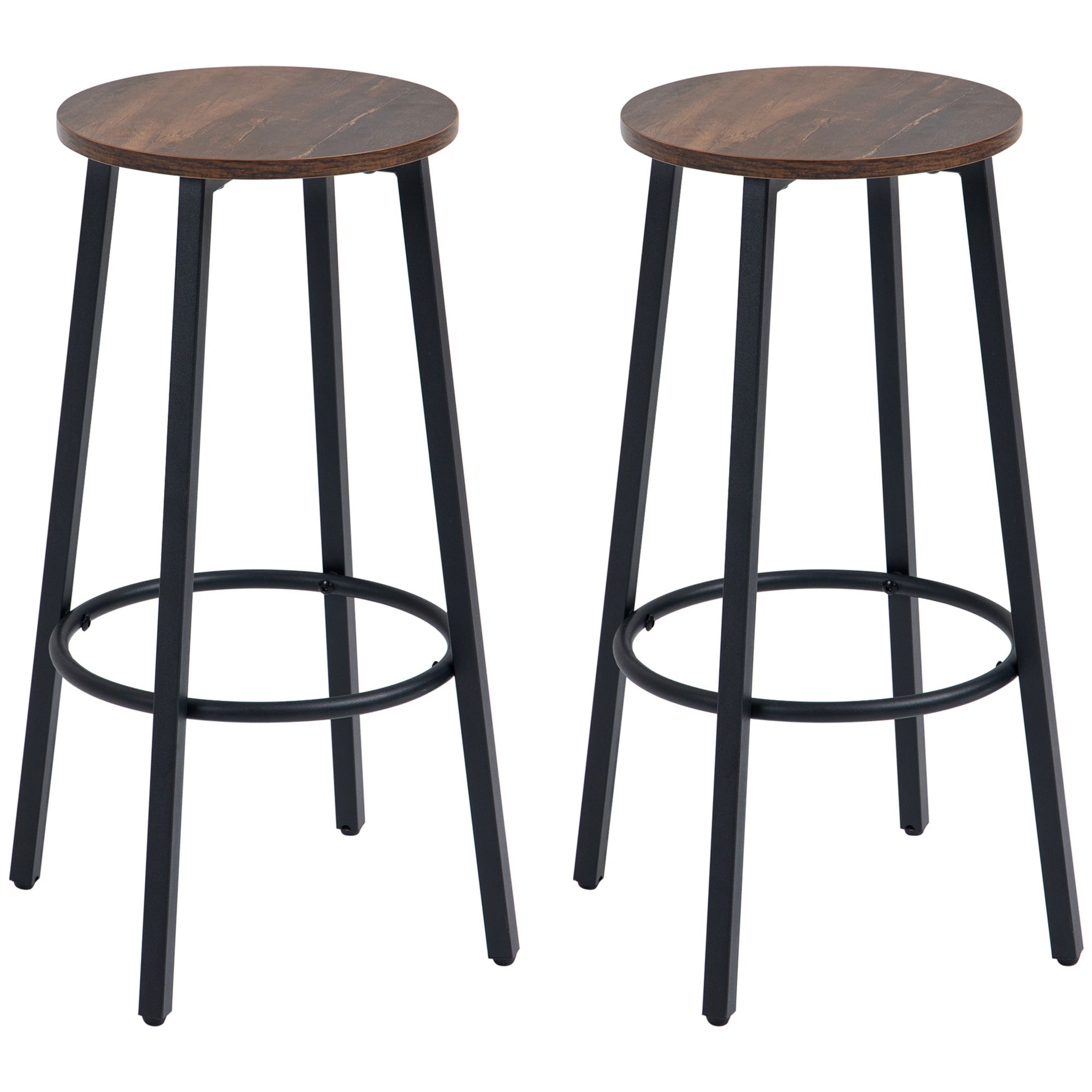 Bar Stool Set of 2, Industrial Design with Footrest, Metal Frame, Brown