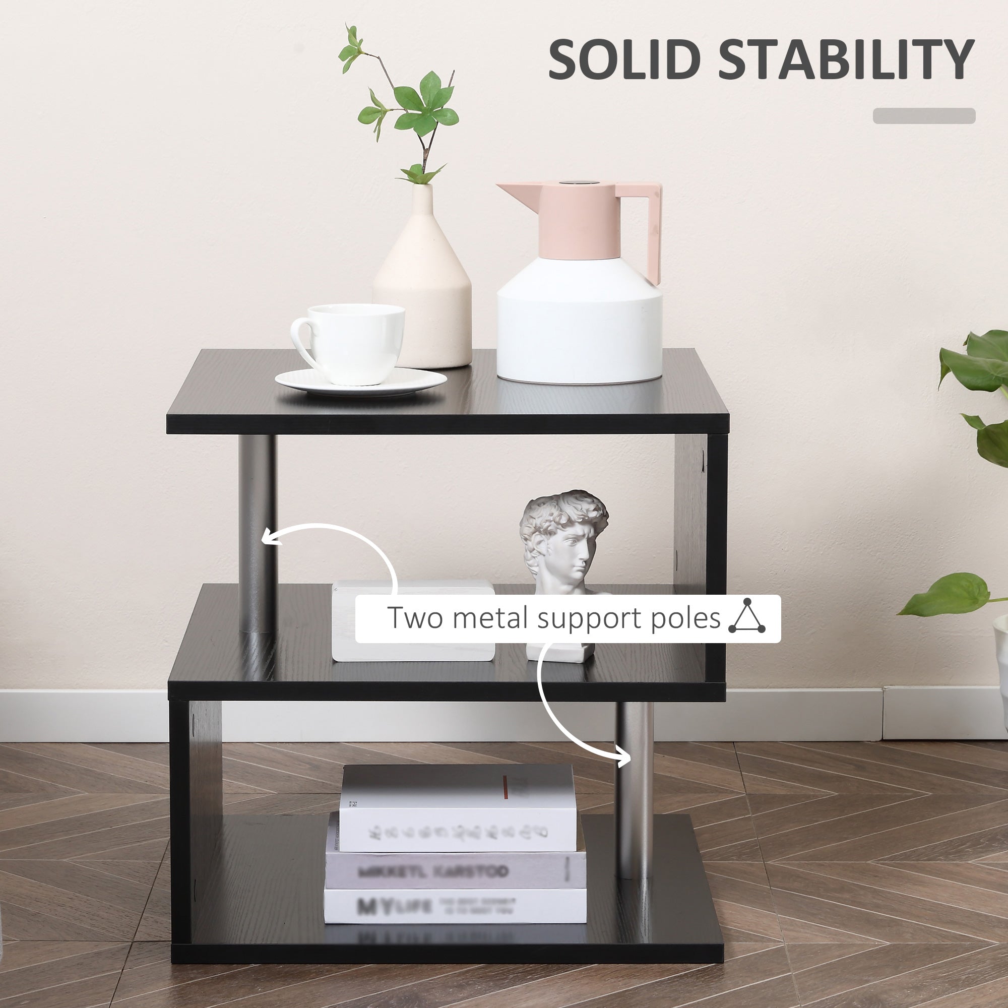 Wooden S Shape Cube Coffee Table 2 Tier Storage Shelves Black