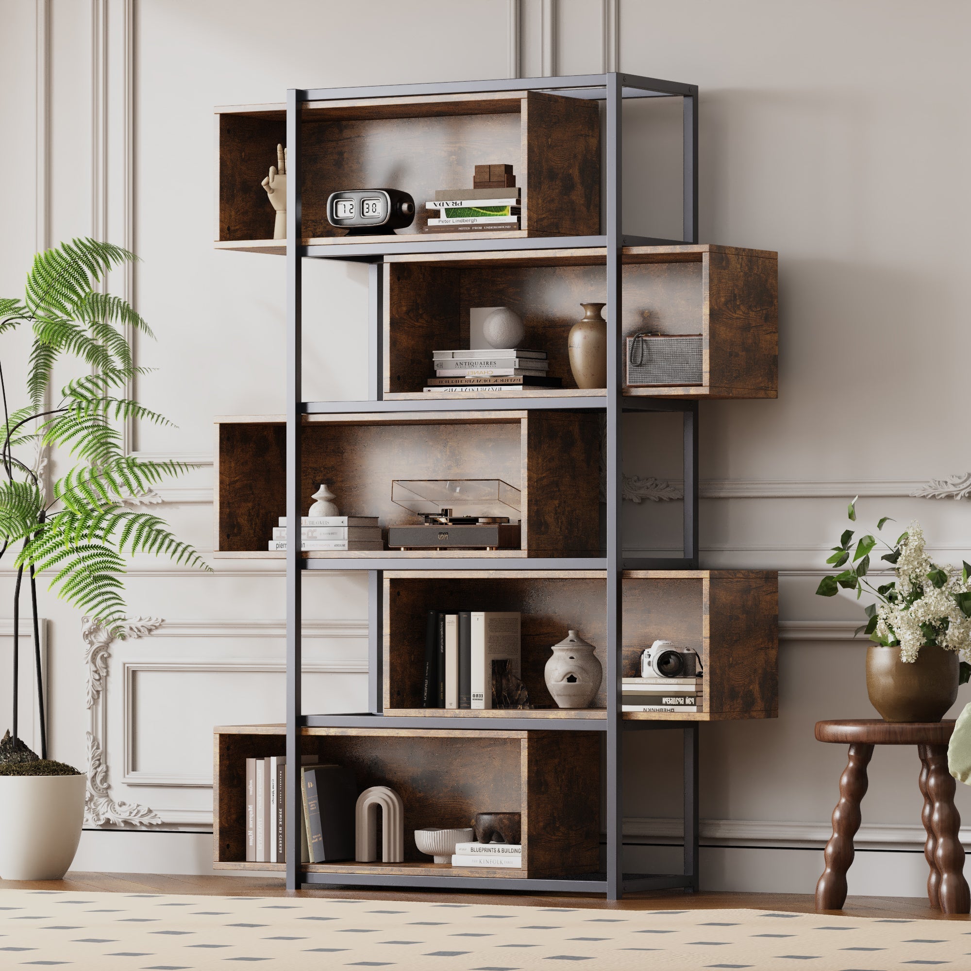 Bookshelf, 5 Tier with Shelves, Brown Wood Grain & Black Steel