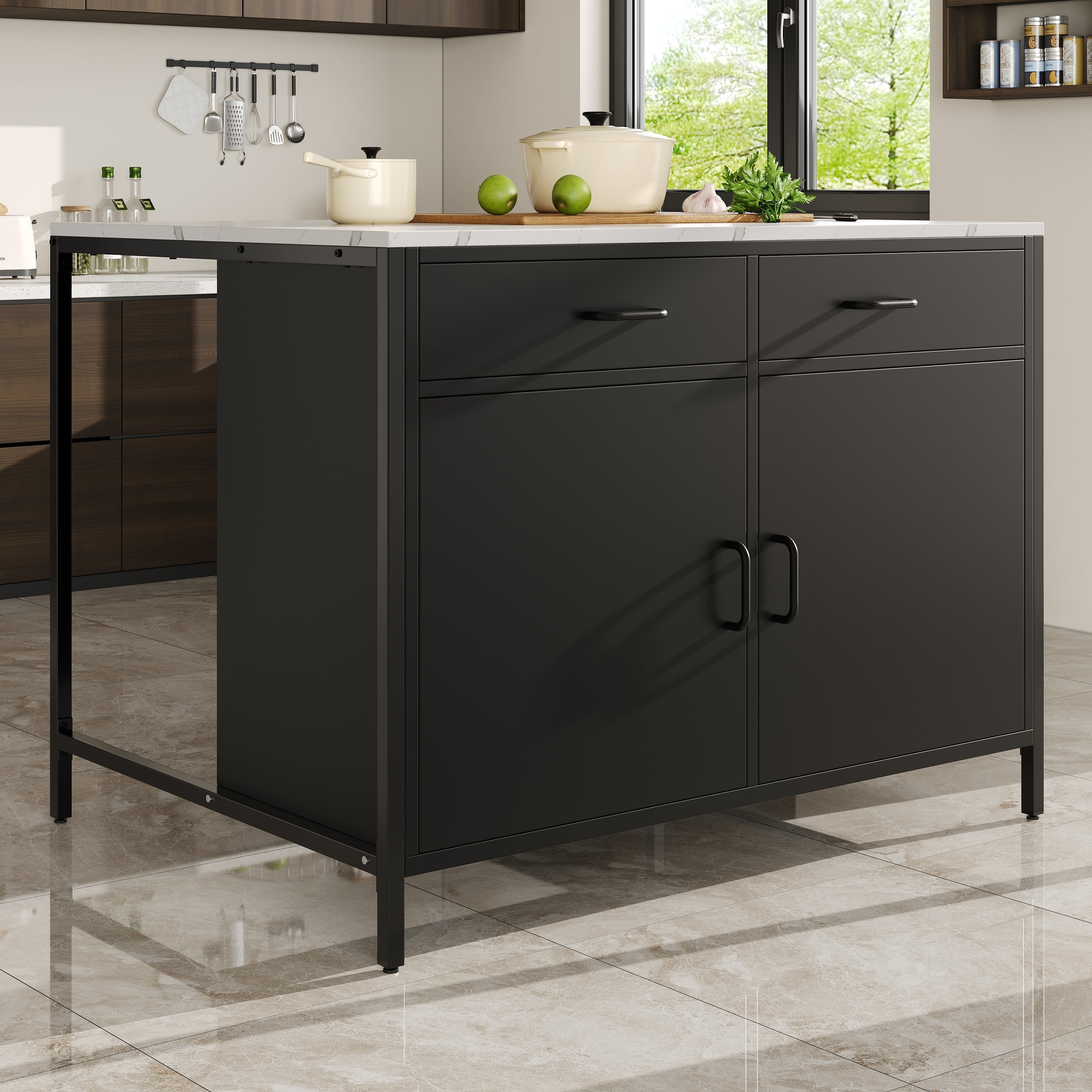 Black Bar Table with Marble Texture Tabletop and Adjustable Feet, MDF