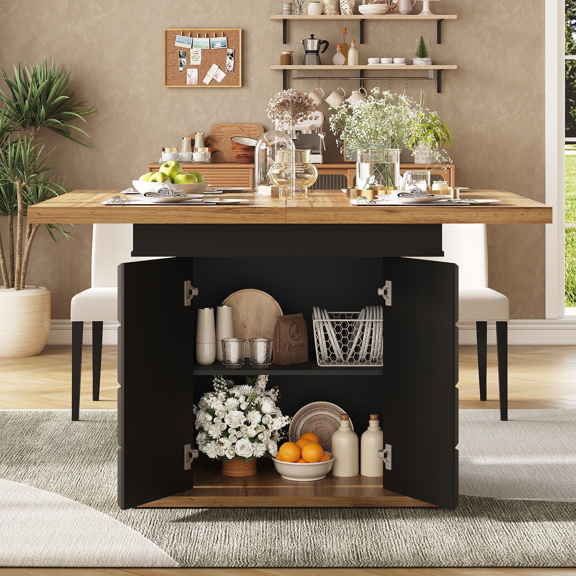 Telescopic Dining Table, Foldable & Extendable, Space-Saving, Checked Pattern