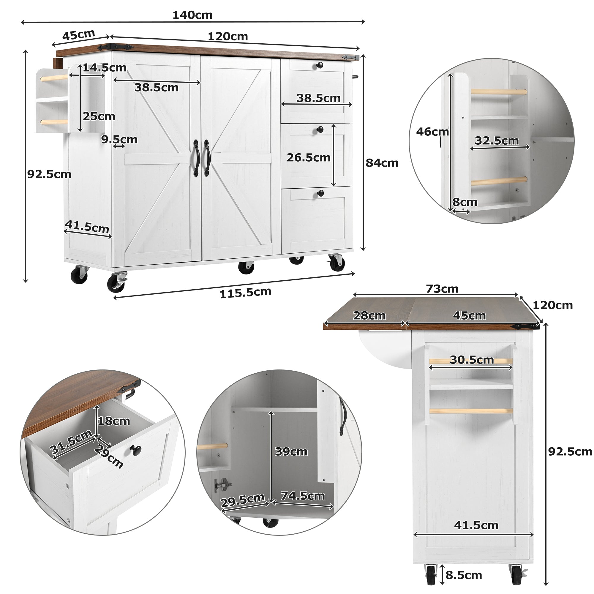 Kitchen Island Serving Trolley Extendable Worktop Storage Cabinet 2 Doors 3 Drawers, Wood Grain Finish