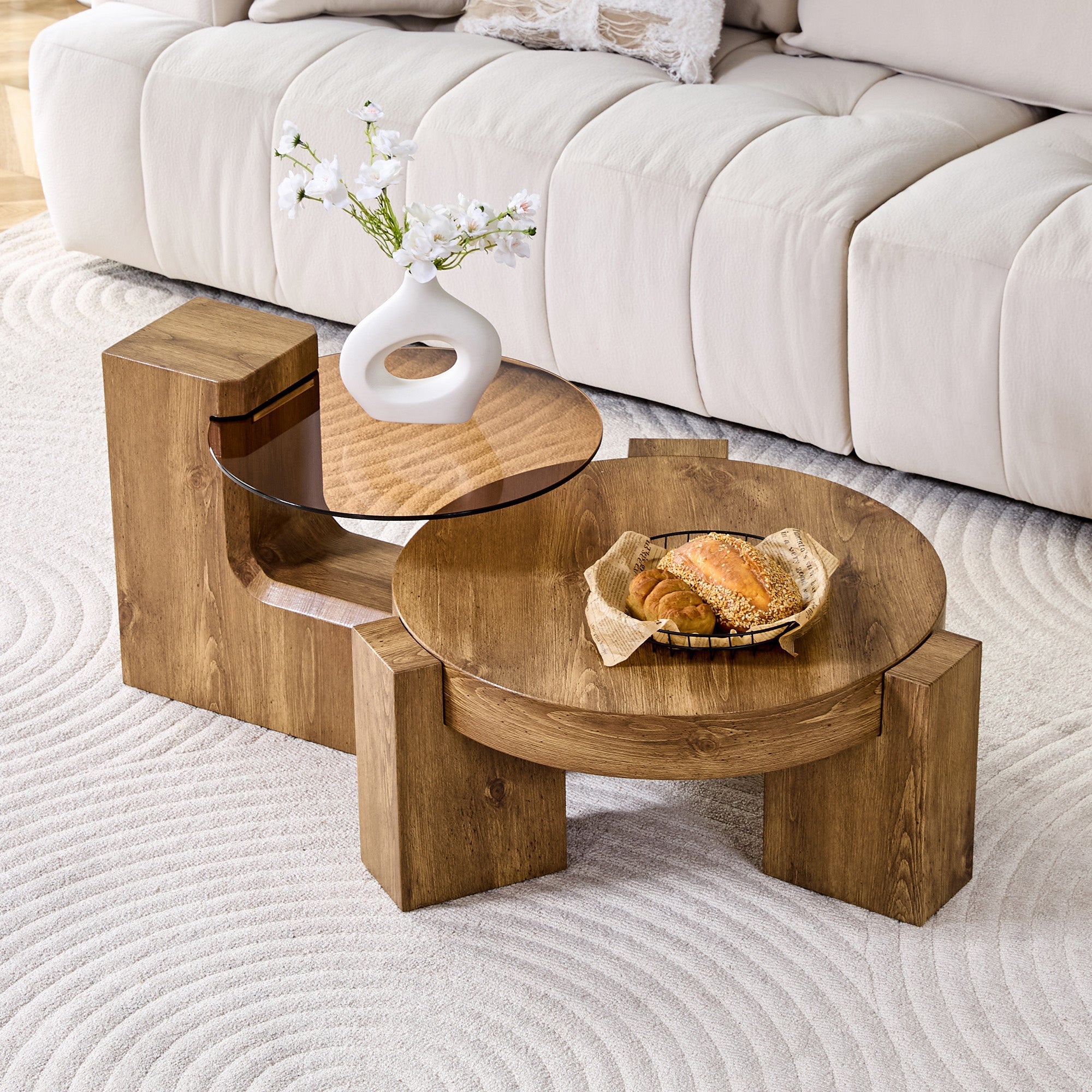 Separable Coffee Table Set MDF Wood Look Safety Glass - Brown Tinted