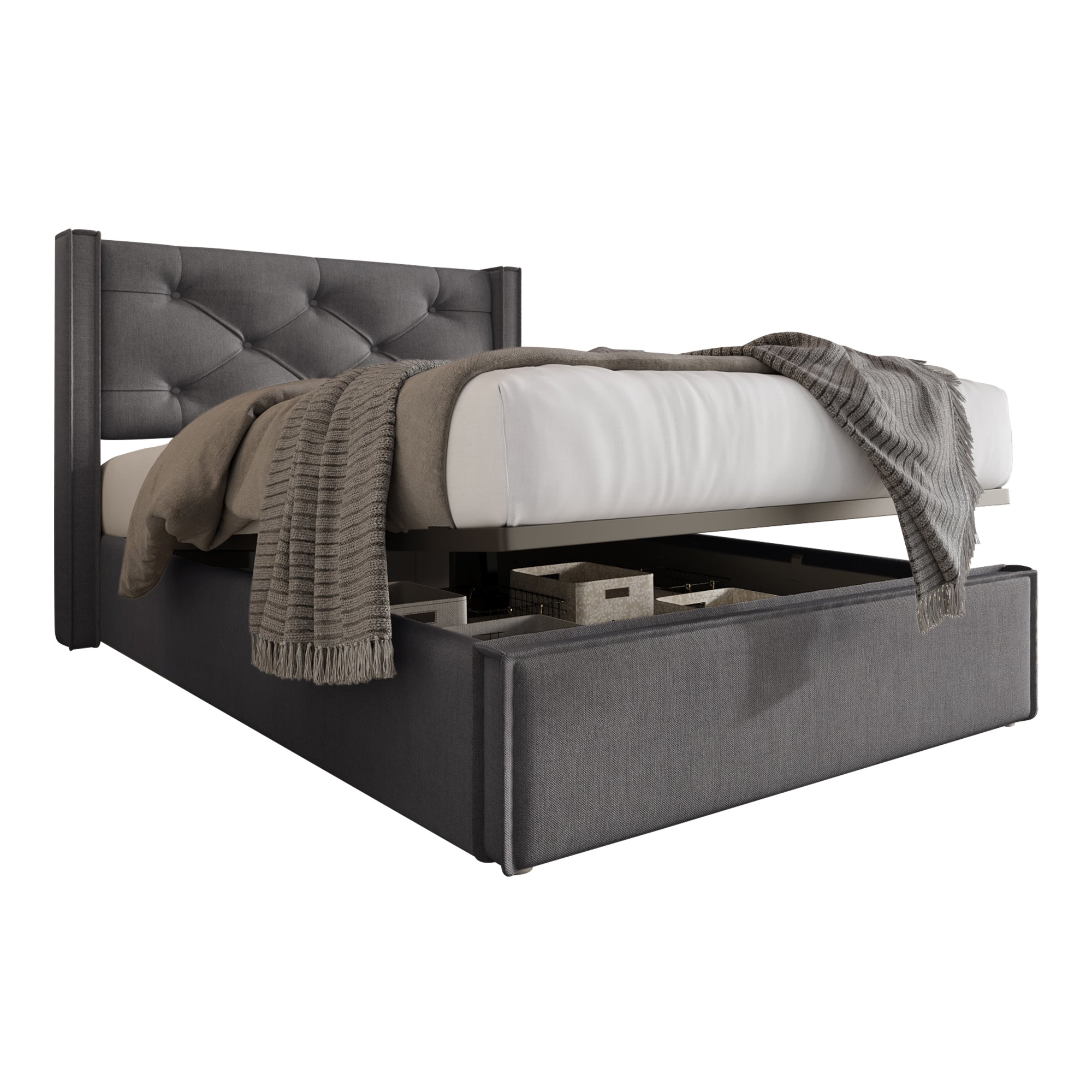 Hydraulic Upholstered Bed, Single 90x200cm with Storage, Grey Cotton