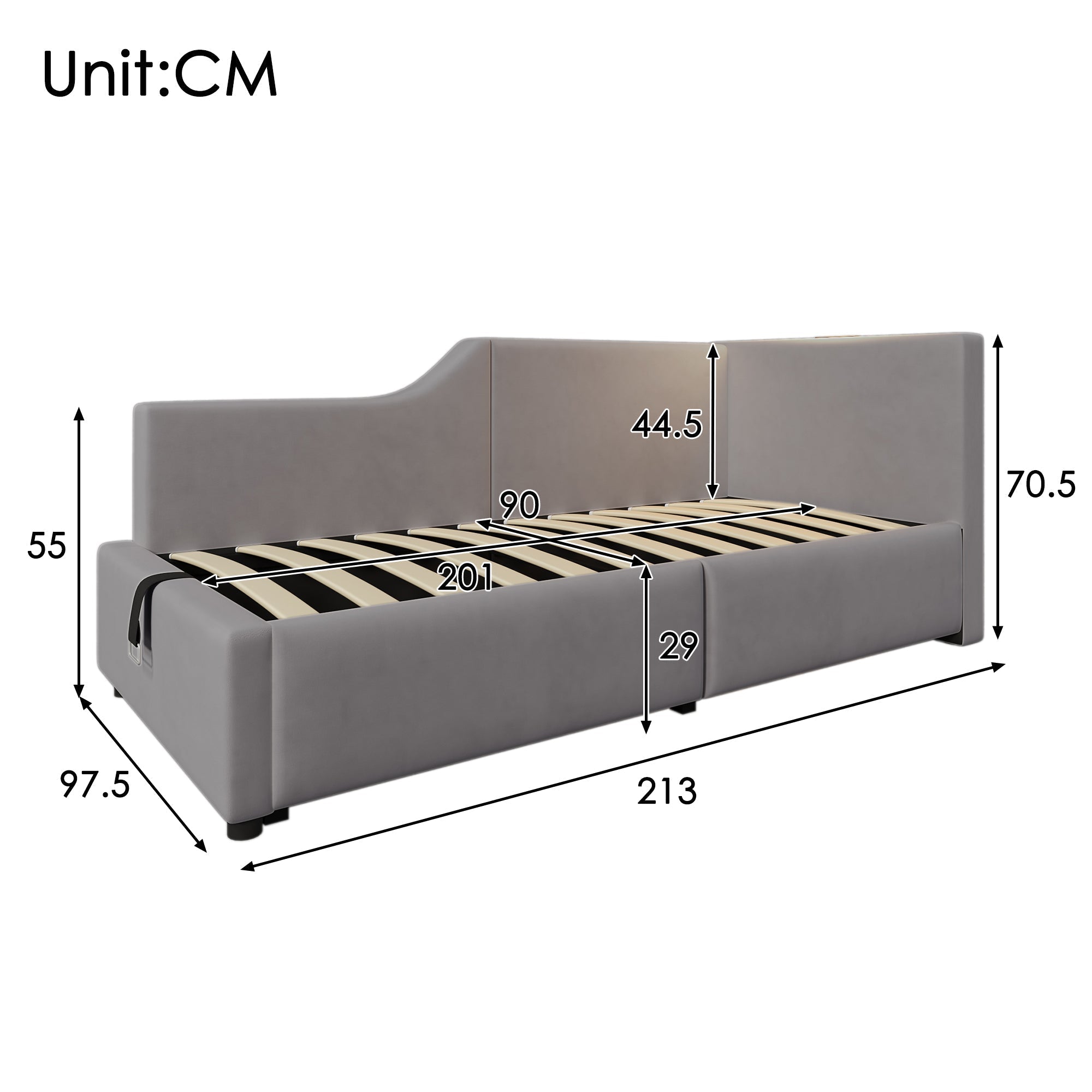 Upholstered Daybed 90x200cm, Sofa Bed with Hydraulic Storage, Reading Light, USB-C, Velvet Grey