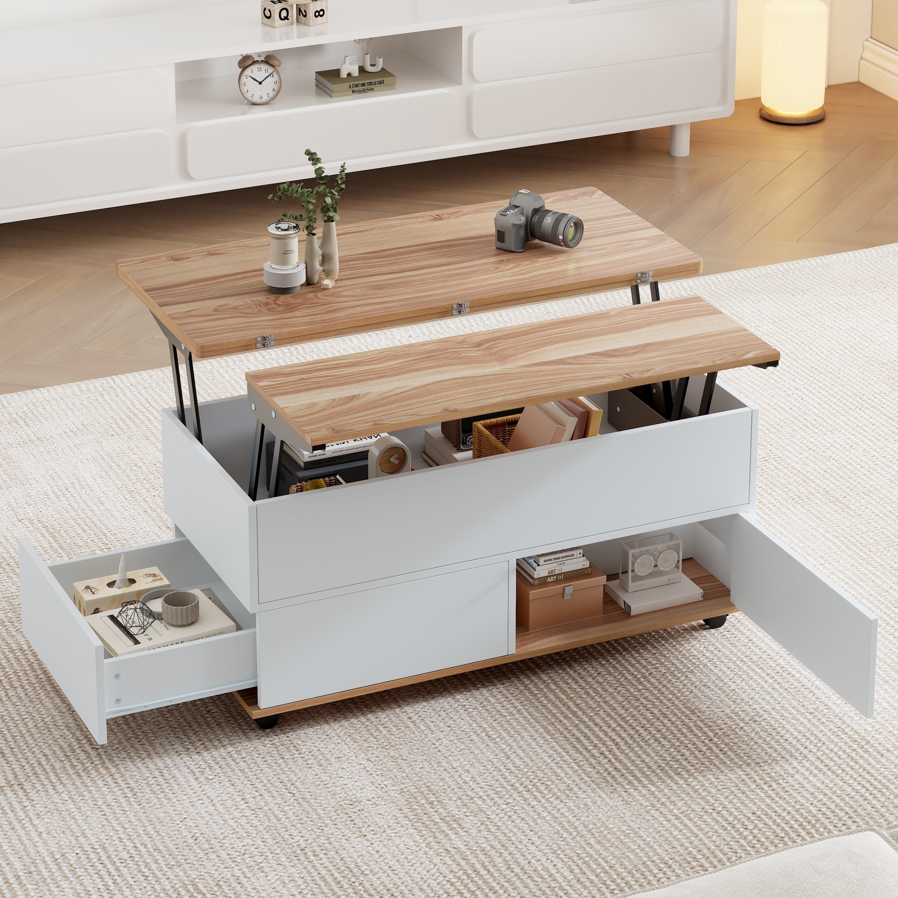Coffee Table, Height-Adjustable with Hidden Storage and Wheels, White + Natural Wood