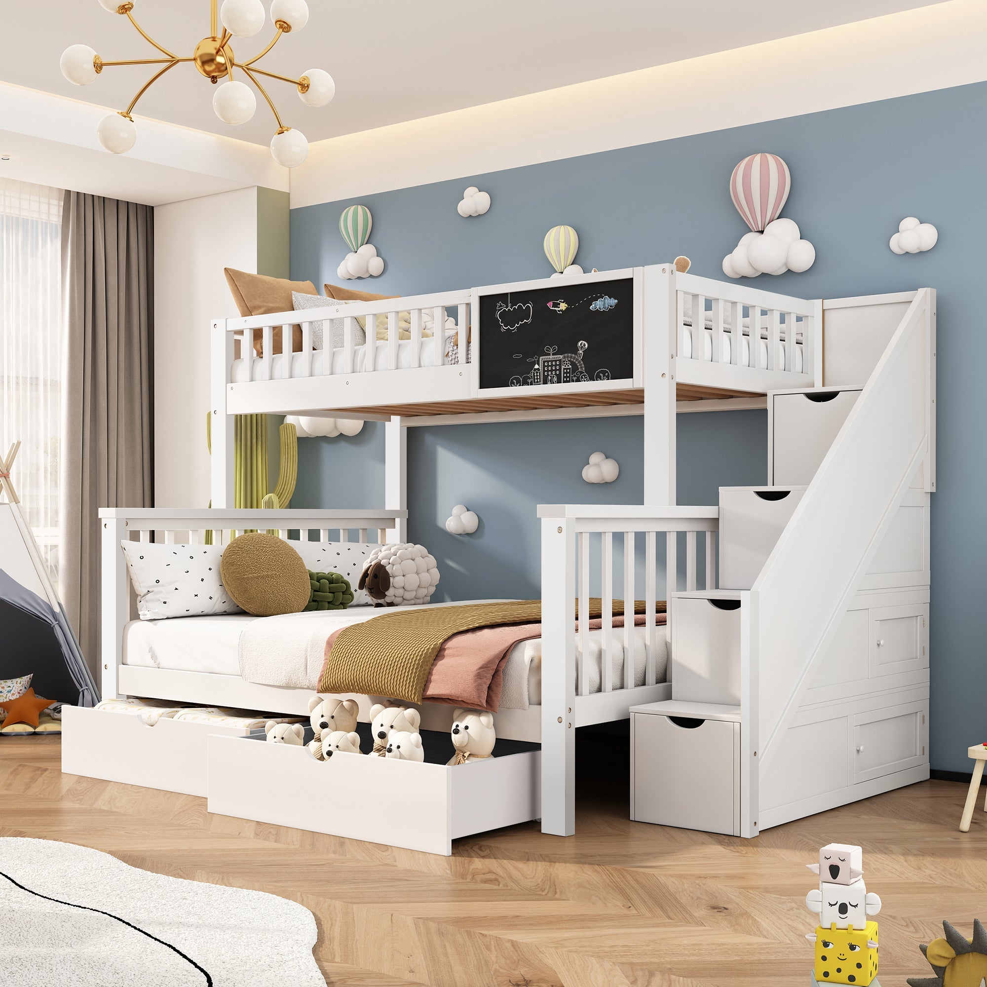 Multifunctional Bunk Bed with Chalkboard and Drawers, 90x200cm and 140x200cm, White