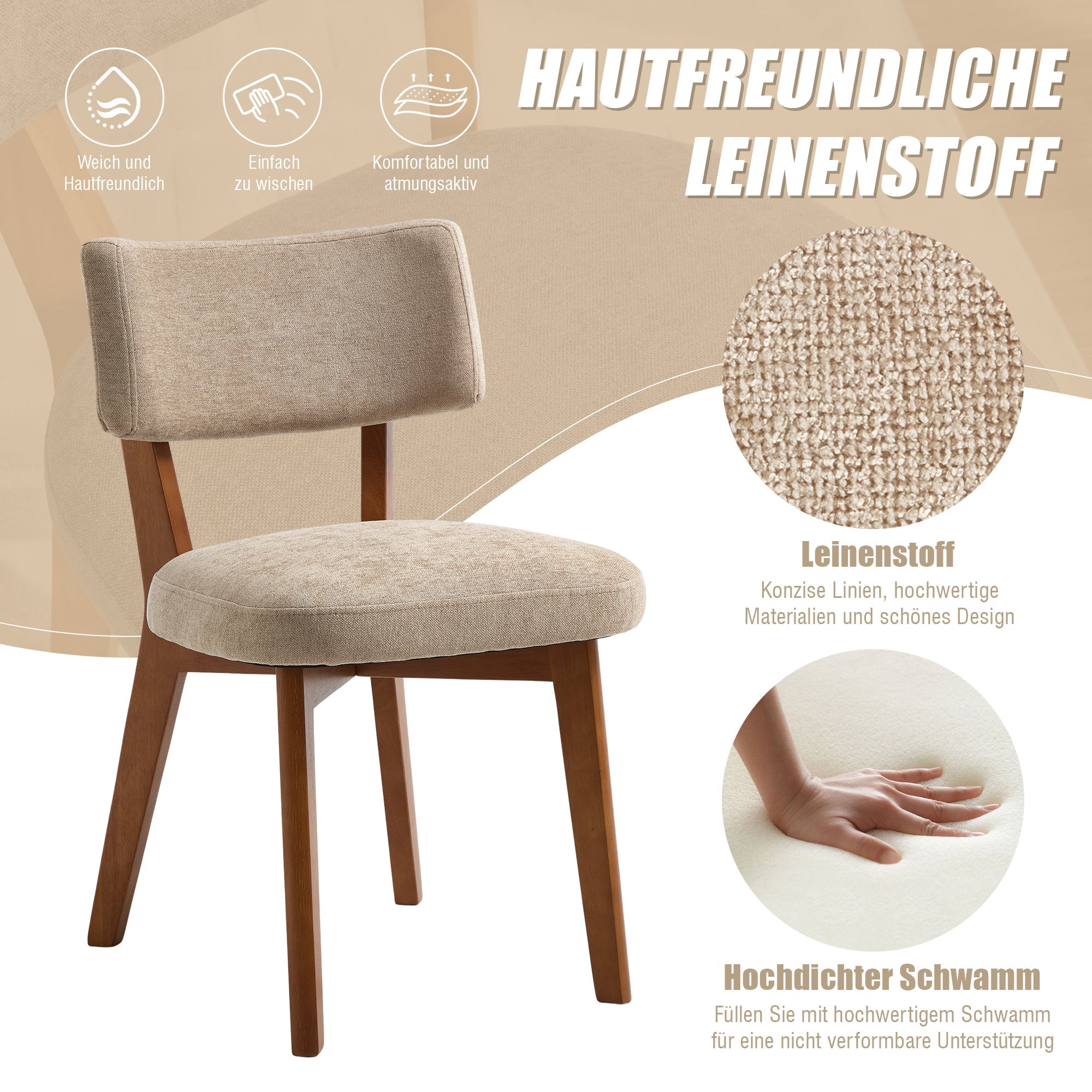 Dining Chair Set of 2, Mid-Century Solid Wood Legs Upholstered Seat - Fabric