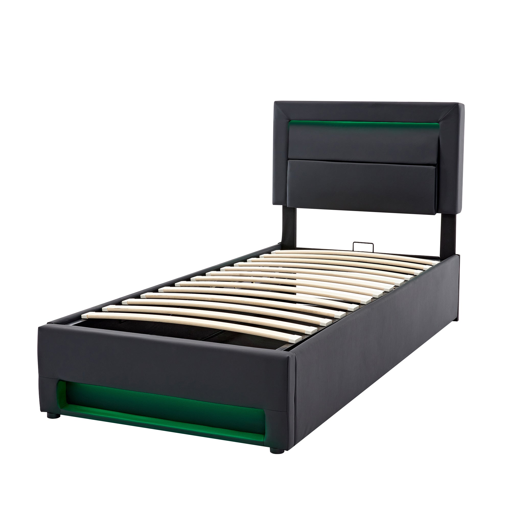 Upholstered Bed 90 x 190 cm with USB Charging, LED Lighting and Storage, Black PU Leather