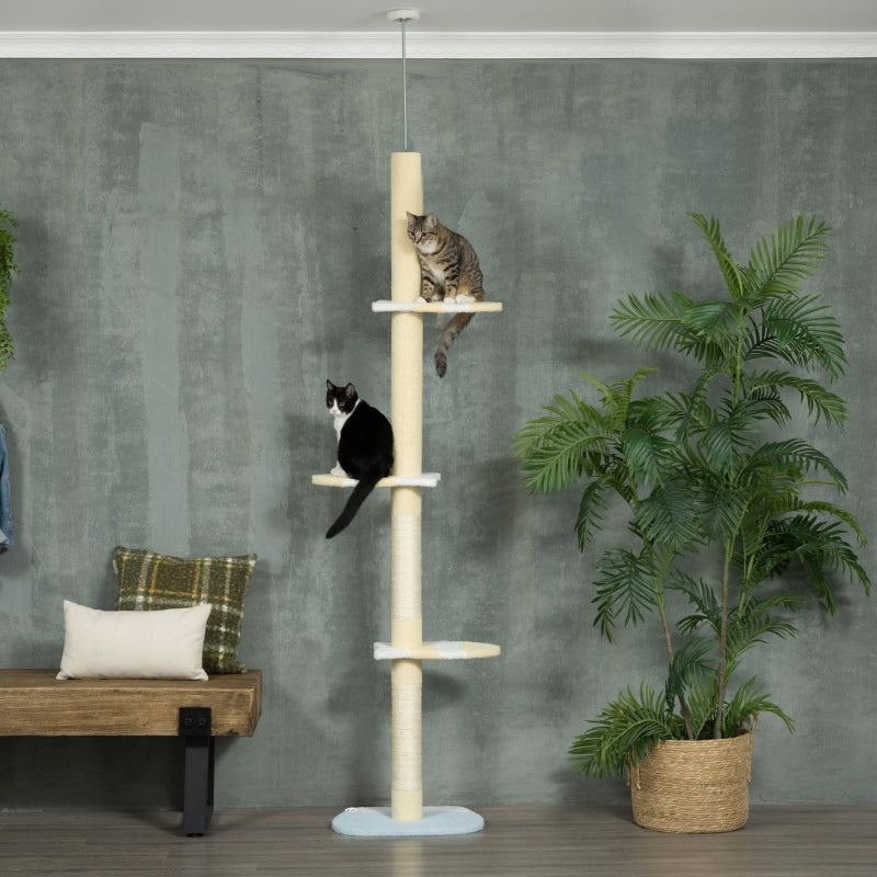 Katzenkratzbaum, Höhenverstellbar, Rutschfestes Sisalseil, Gelb/Weiß/Blau