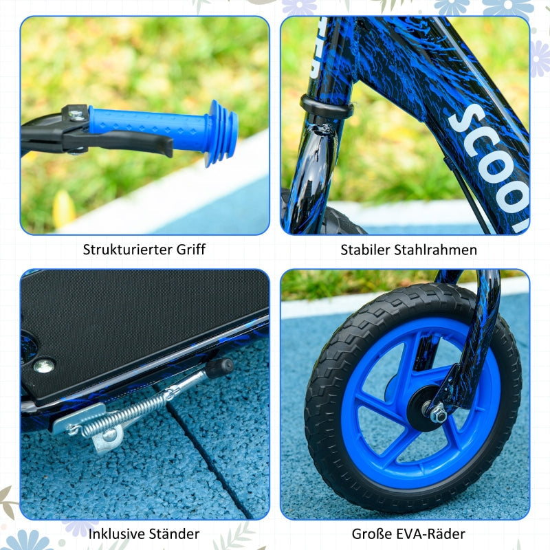 Children's Kick Scooter with Height-Adjustable Handlebar, Brake and Stand, Blue Steel