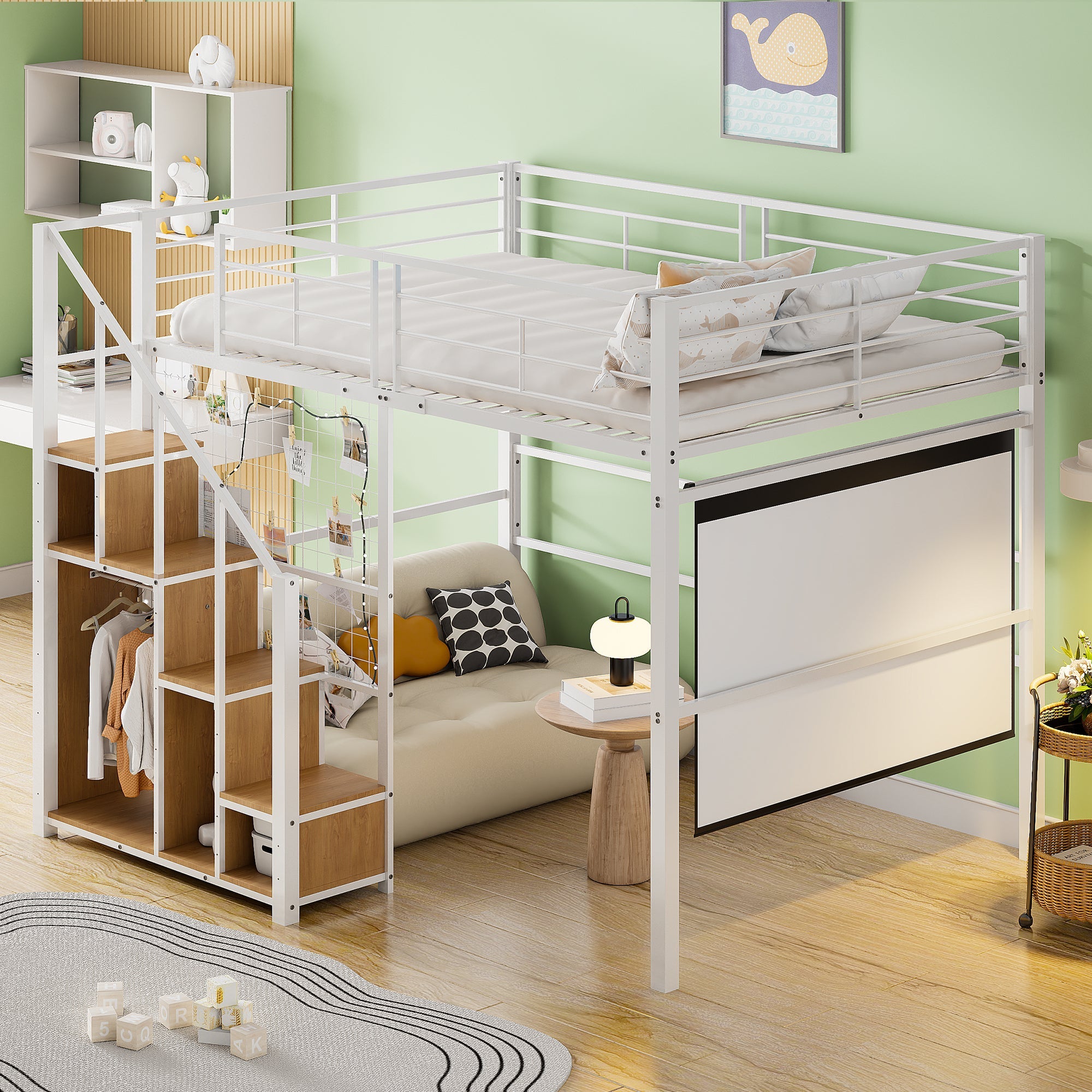 Loft Bed, Safety Ladder & Storage, White