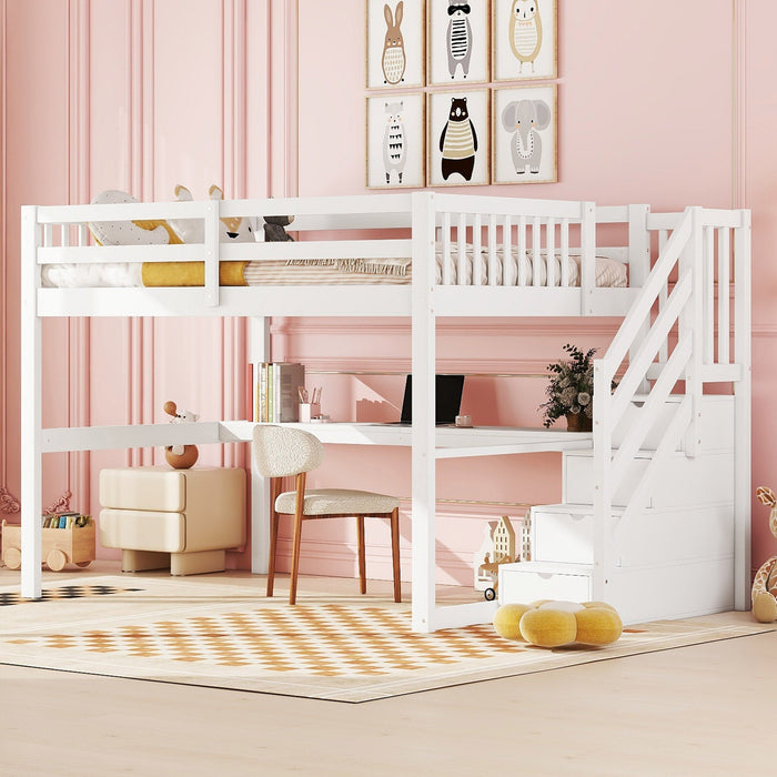 Loft Bed 140x200 Children's Storage Drawers Desk - White