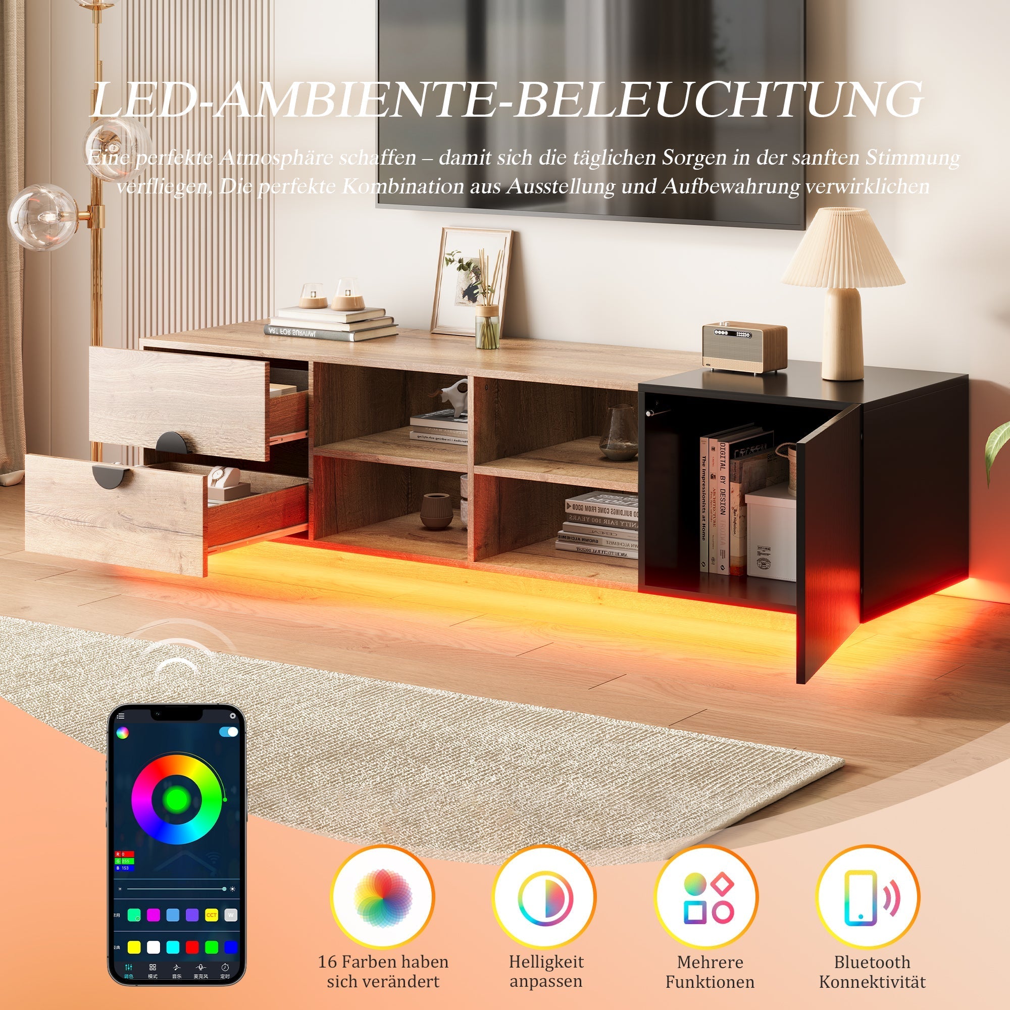 TV Cabinet with Drawer, Open Compartment and LED Lighting, Wood and Black Wood Contrast