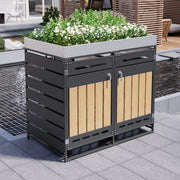 Outdoor Iron Bin Storage Cabinet with Planter Box, Slotted Ventilation and Lock, Wood Grain Panels