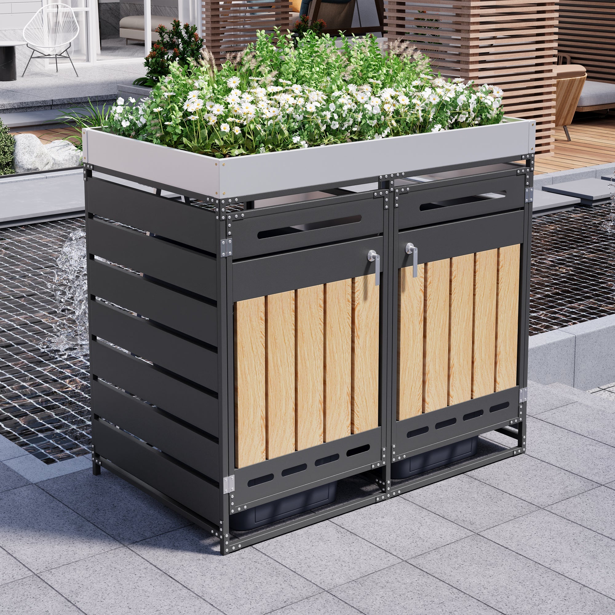 Outdoor Iron Bin Storage Cabinet with Planter Box, Slotted Ventilation and Lock, Wood Grain Panels