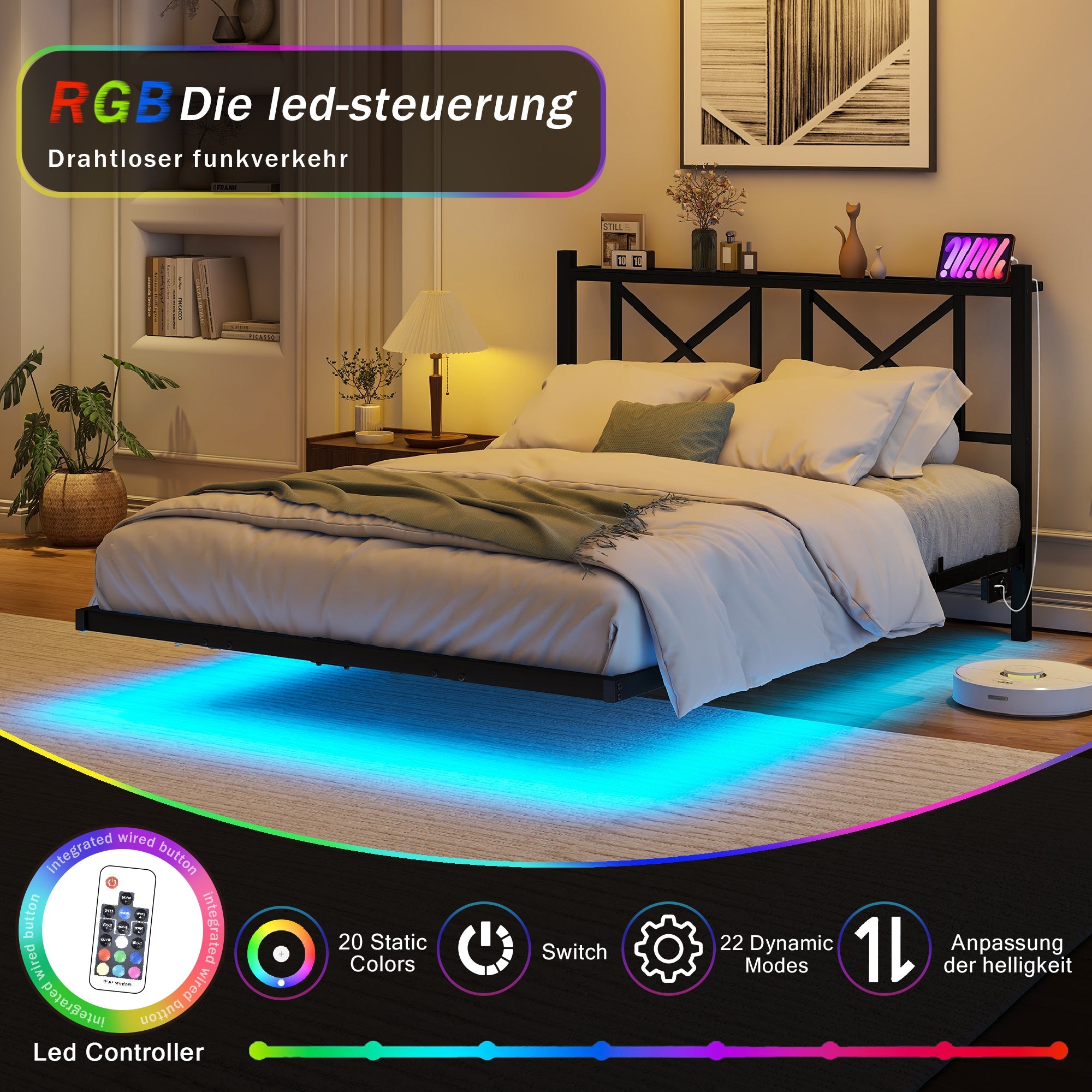 Double Bed Frame 120x200cm LED Charging Station Floating Design - Metal