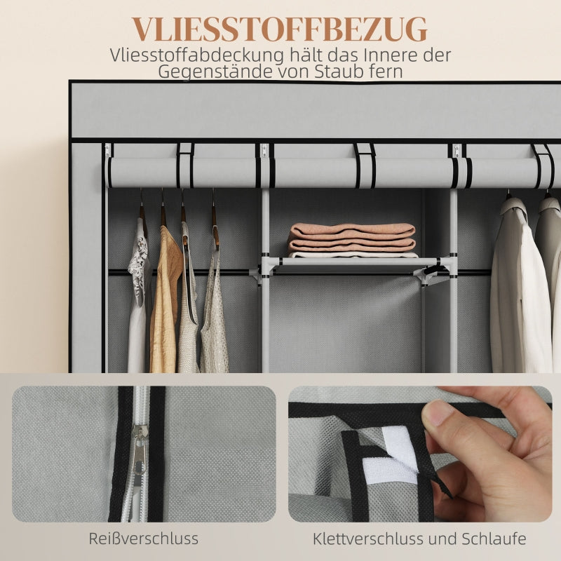 Fabric Wardrobe 8 Shelves 2 Clothes Rails - Grey