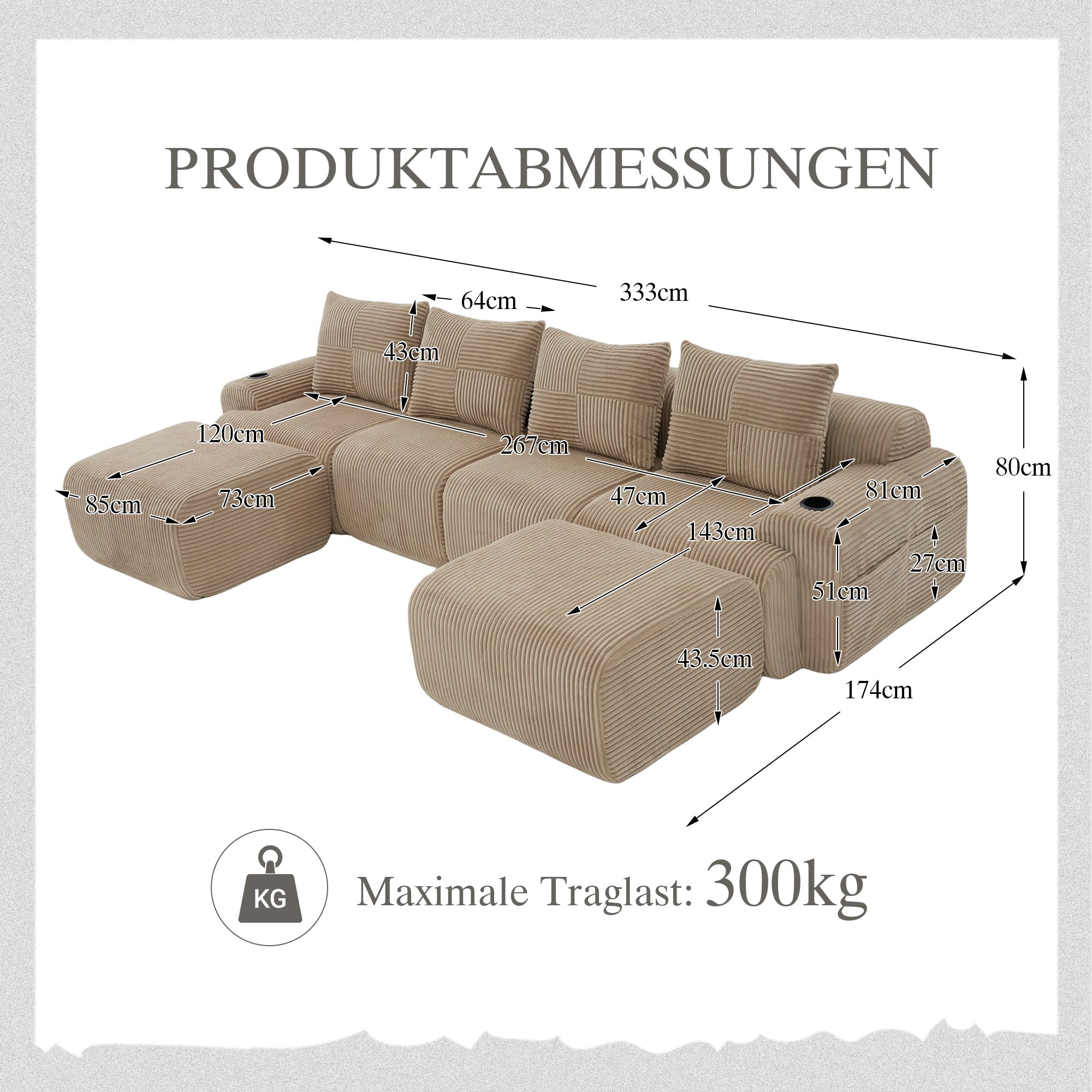 Modular Corduroy Sofa 4-Seater with 2 Ottomans Cup Holders Storage Pocket Khaki