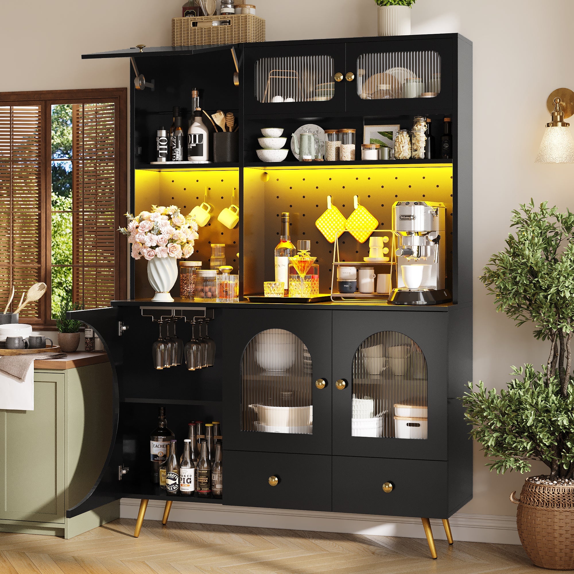 Modern Sideboard with LED Lighting, USB Ports and Sockets, Black