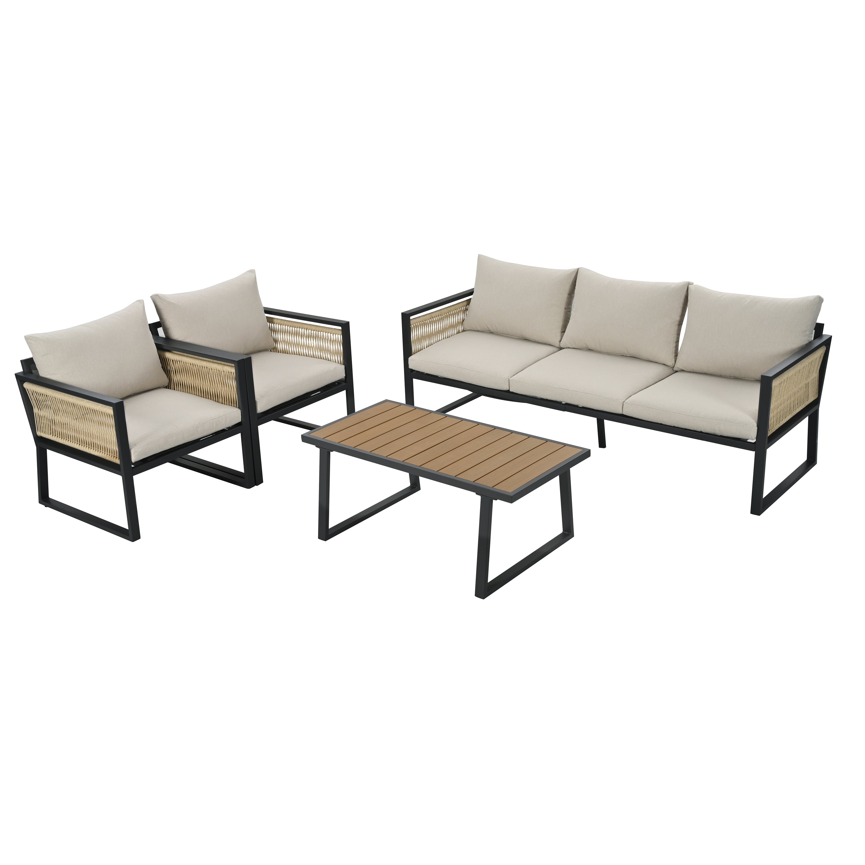 4-Piece Garden Lounge Set with 3-Seater Sofa, Armchairs and Coffee Table, Beige Wood Look and Galvanized Steel