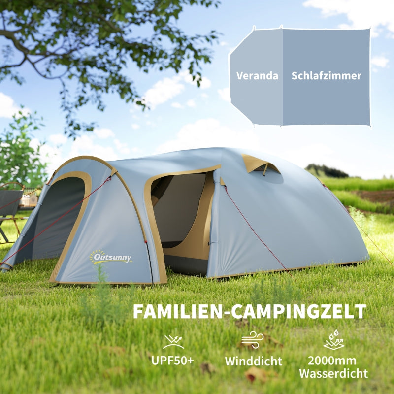 Camping tent for 4 people, waterproof tunnel with 2 doors, packing bag, for camping, travel, trekking, garden