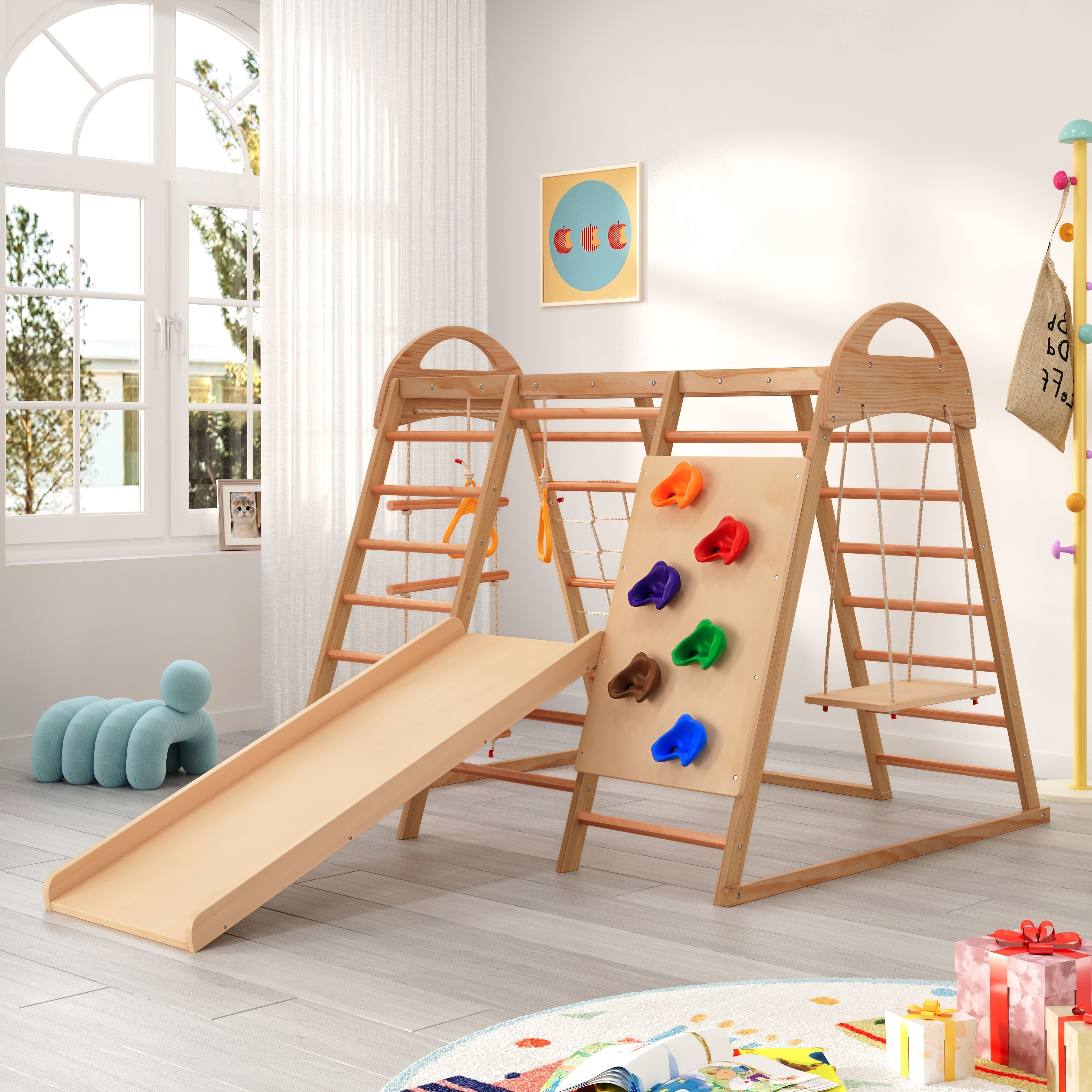 7-in-1 multifunctional climbing frame, solid wood plywood and beechwood