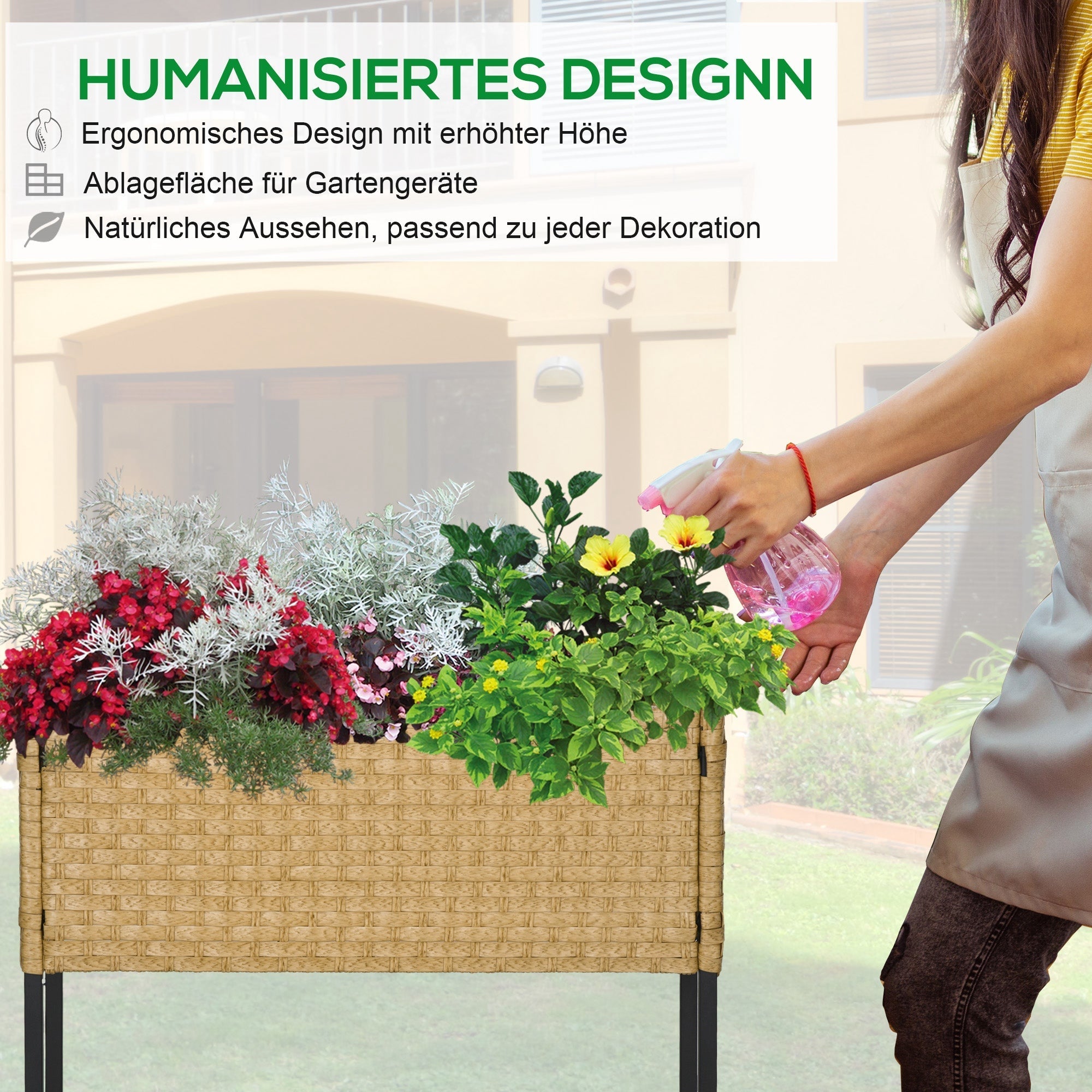 Hochbeet Blumenkasten, mit Füßen & Ablage, 70x30x72 cm, Polyrattan, Sandfarben