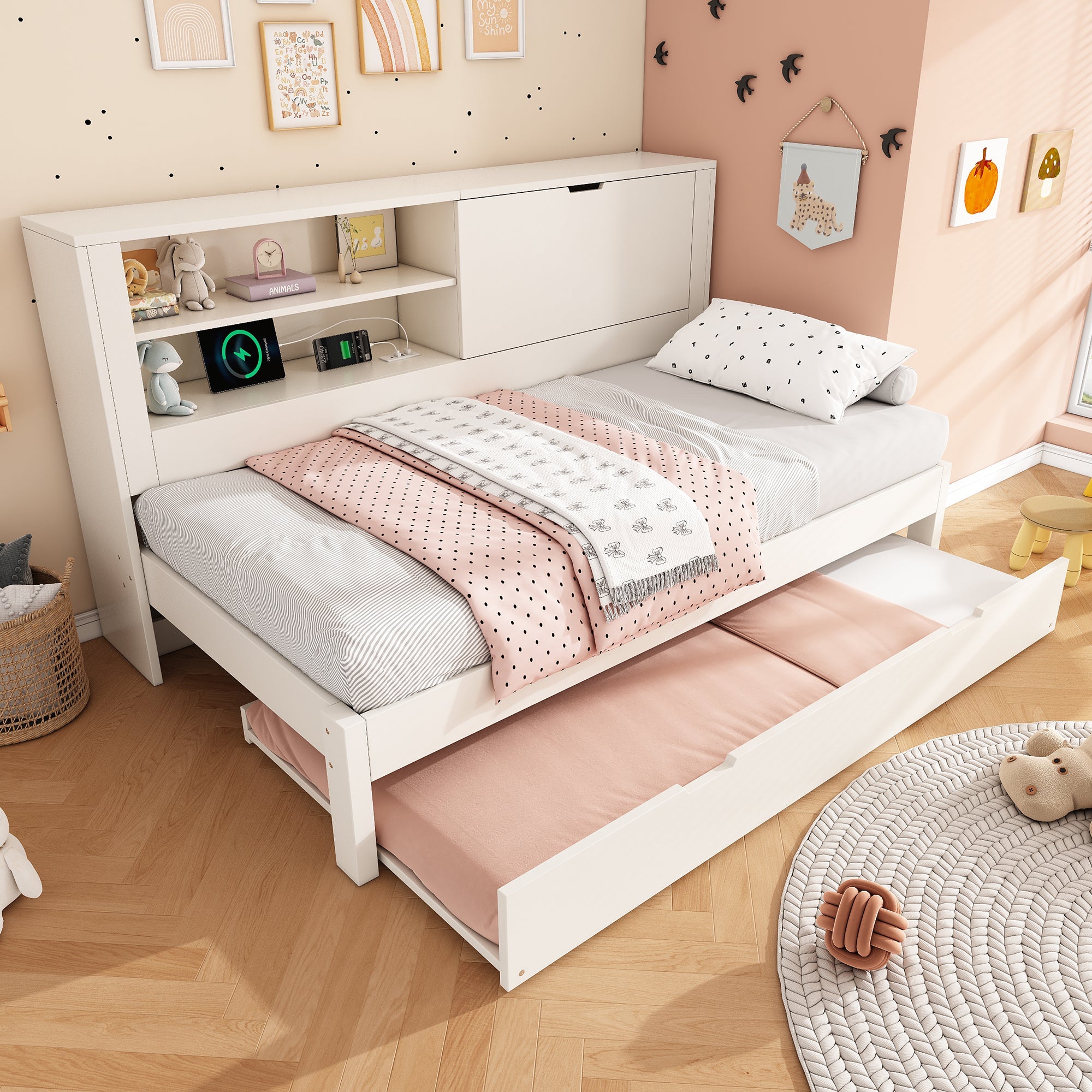Single Sofa Bed 90x200cm Pull-Out Bed 90x190 Storage USB/USB-C Charging - White Wood