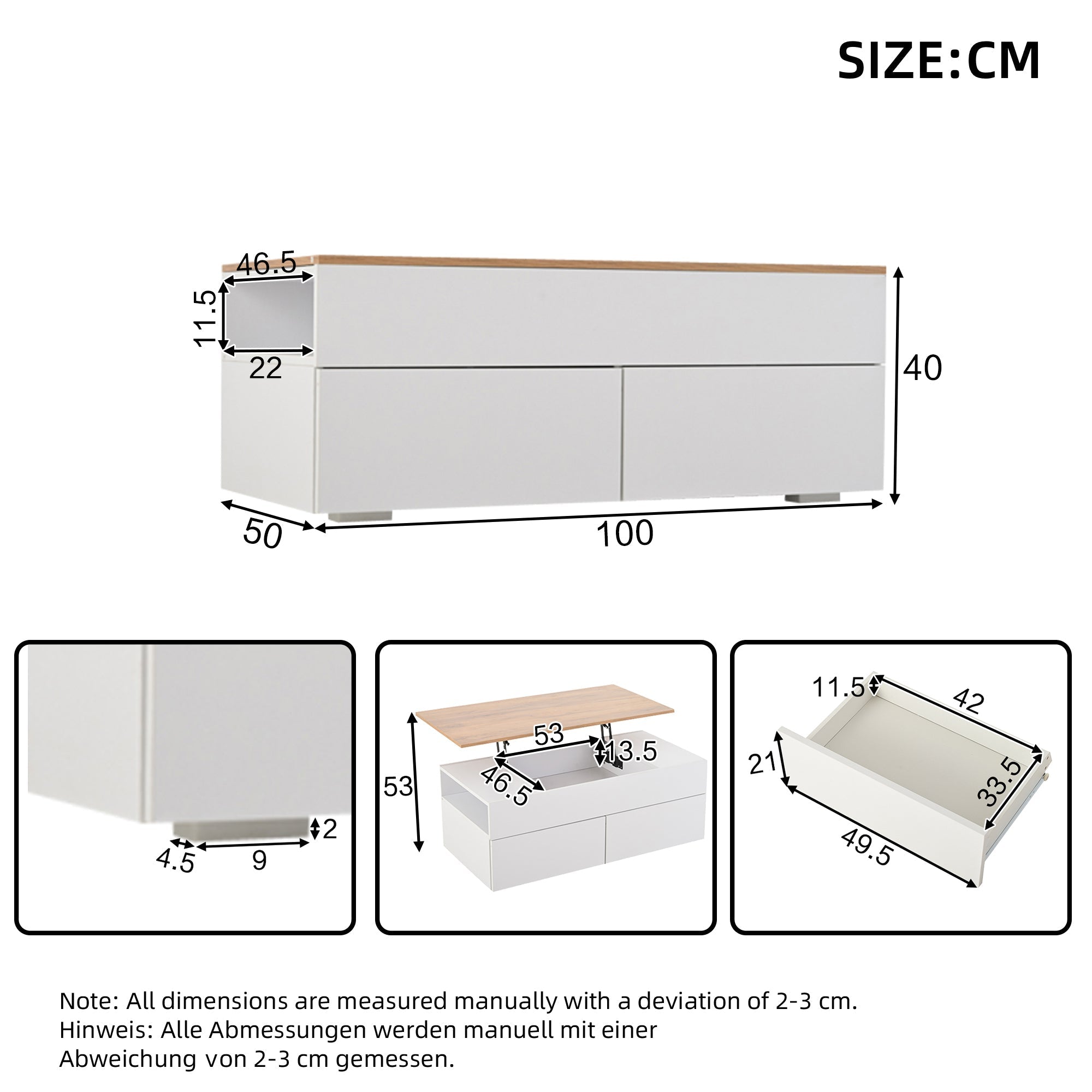 Coffee table height-adjustable with hidden storage, 2 drawers, white + wood color
