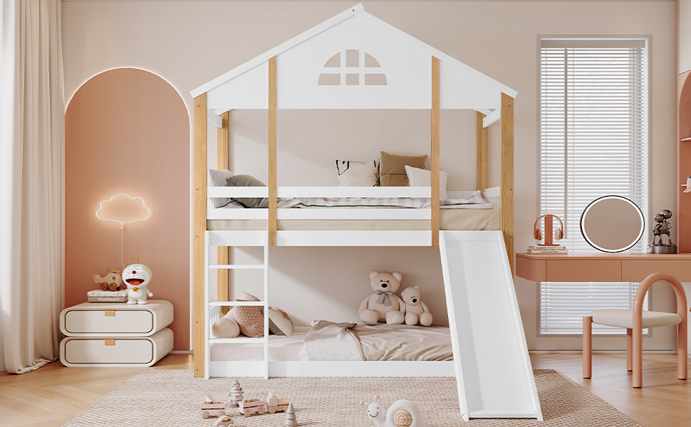 Bunk Bed with Windows, Slide, Safety Railings, 90x200cm, Solid Wood, White/Natural