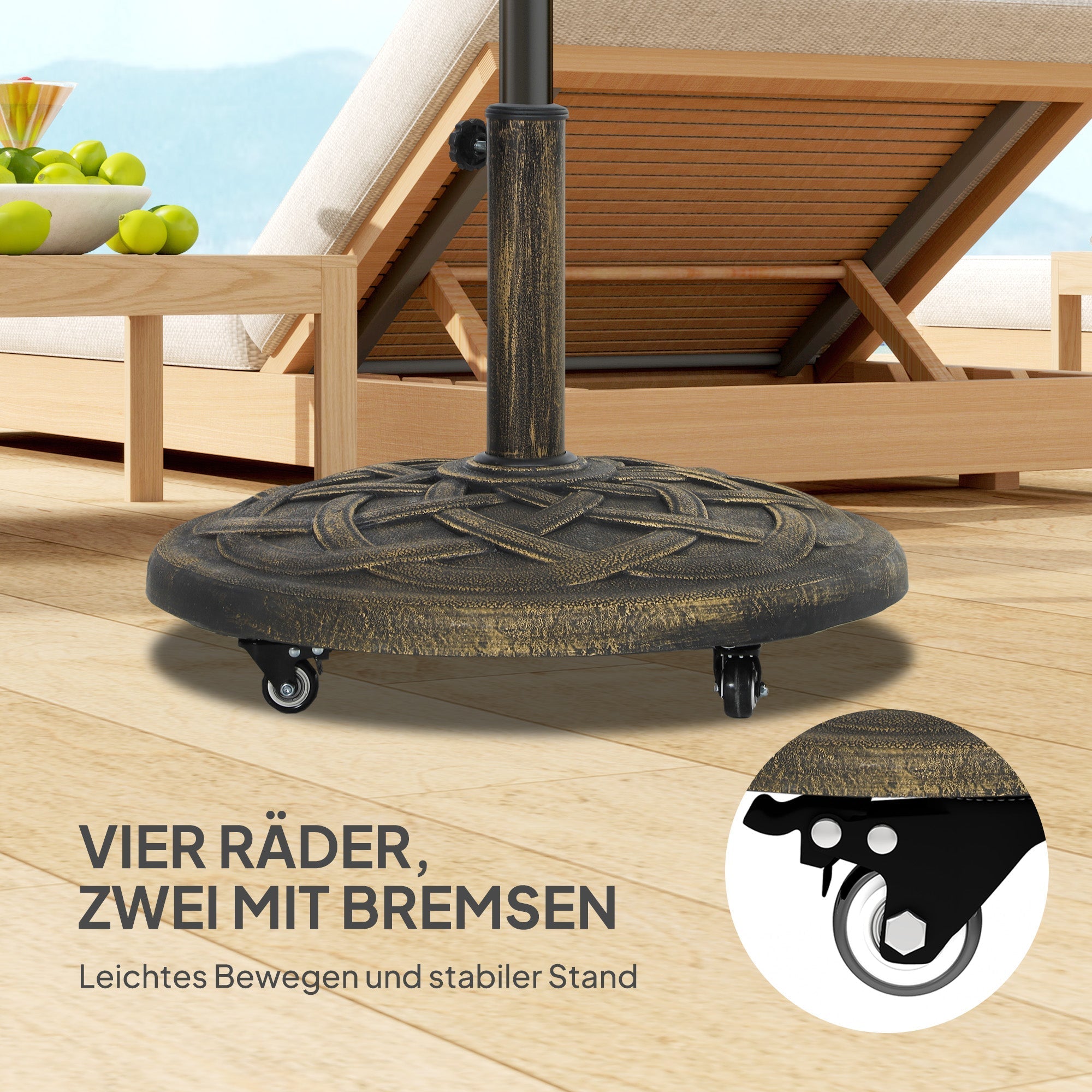 Parasol Base with Wheels, Round Holder for 34/38/48mm Poles, Concrete Bronze