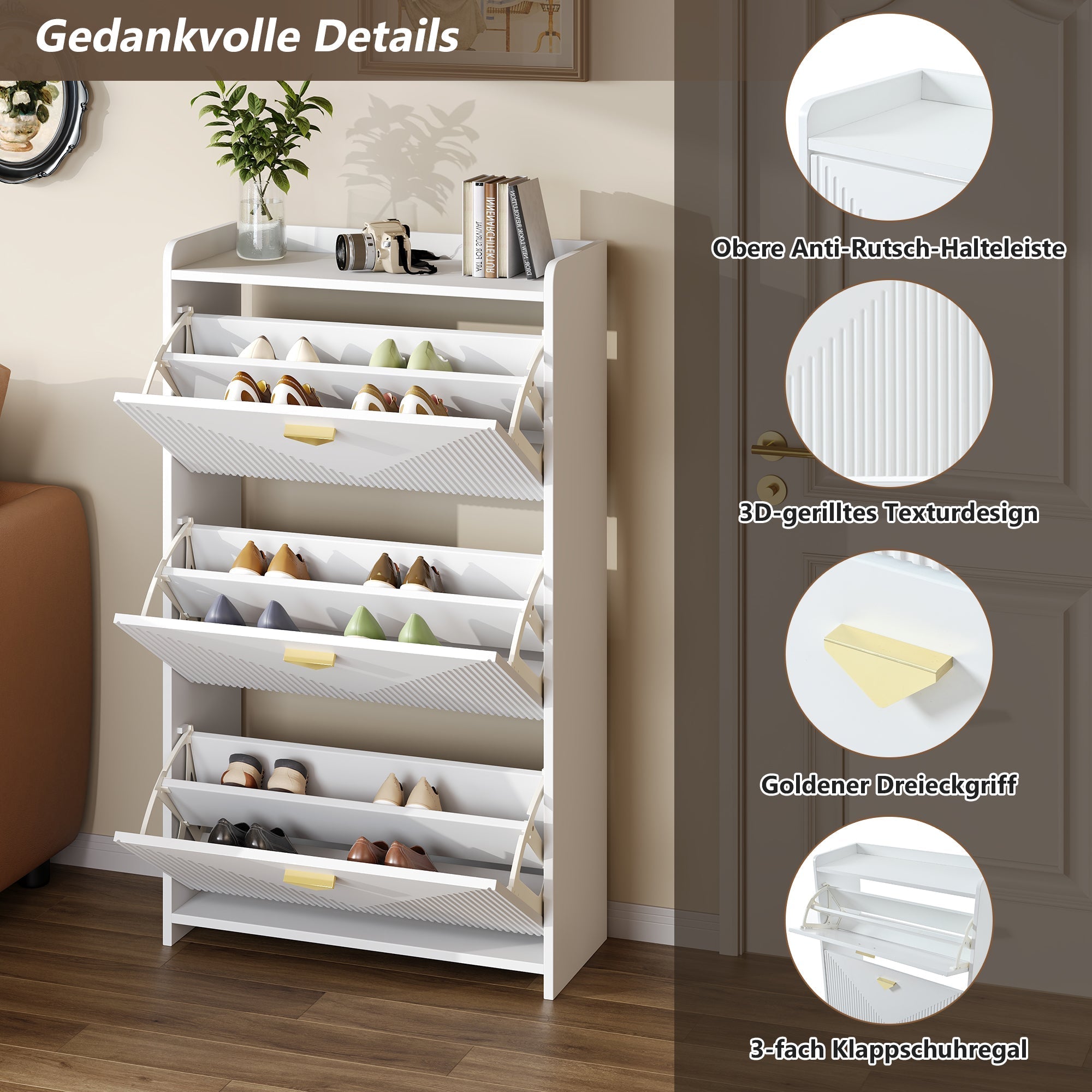 Shoe Cabinet 70x30x120cm 3 Drop-Down Doors Adjustable Width - White MDF