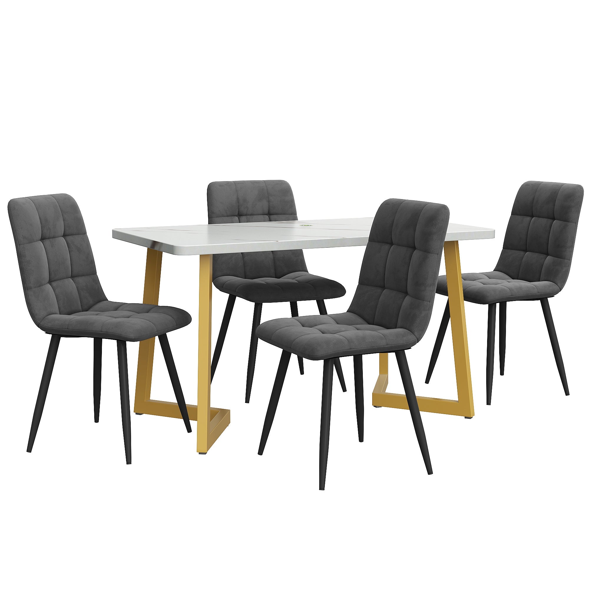 117cm Dining Set Rectangular Table Modern Dark Grey Velvet Chairs Gold Legs
