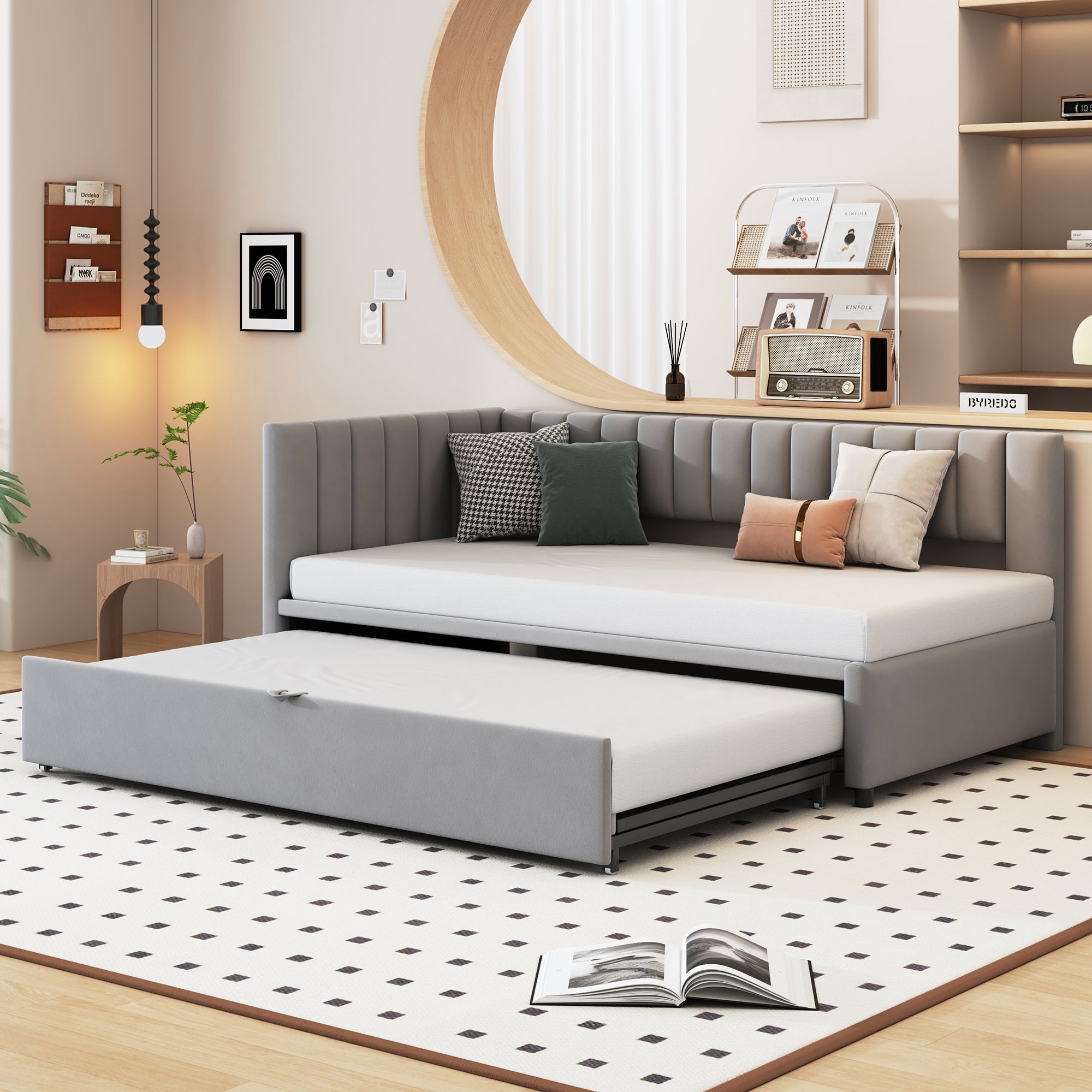 Sofa Bed, L-Shaped Pull-Out 90/180x200cm, Velvet Gray