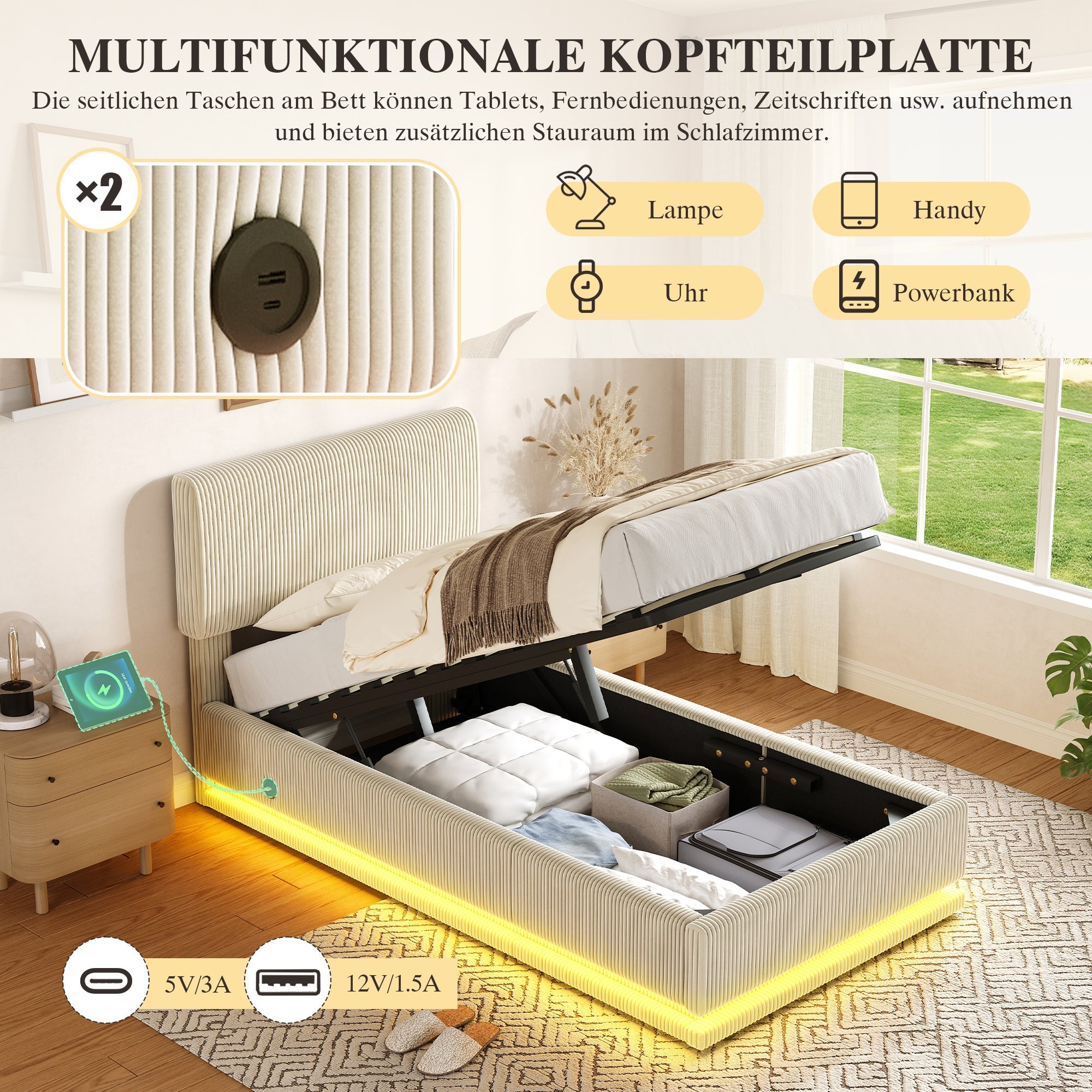 Modern Upholstered Bed with LED Lighting, USB-C and Storage, 90*200 Beige Corduroy