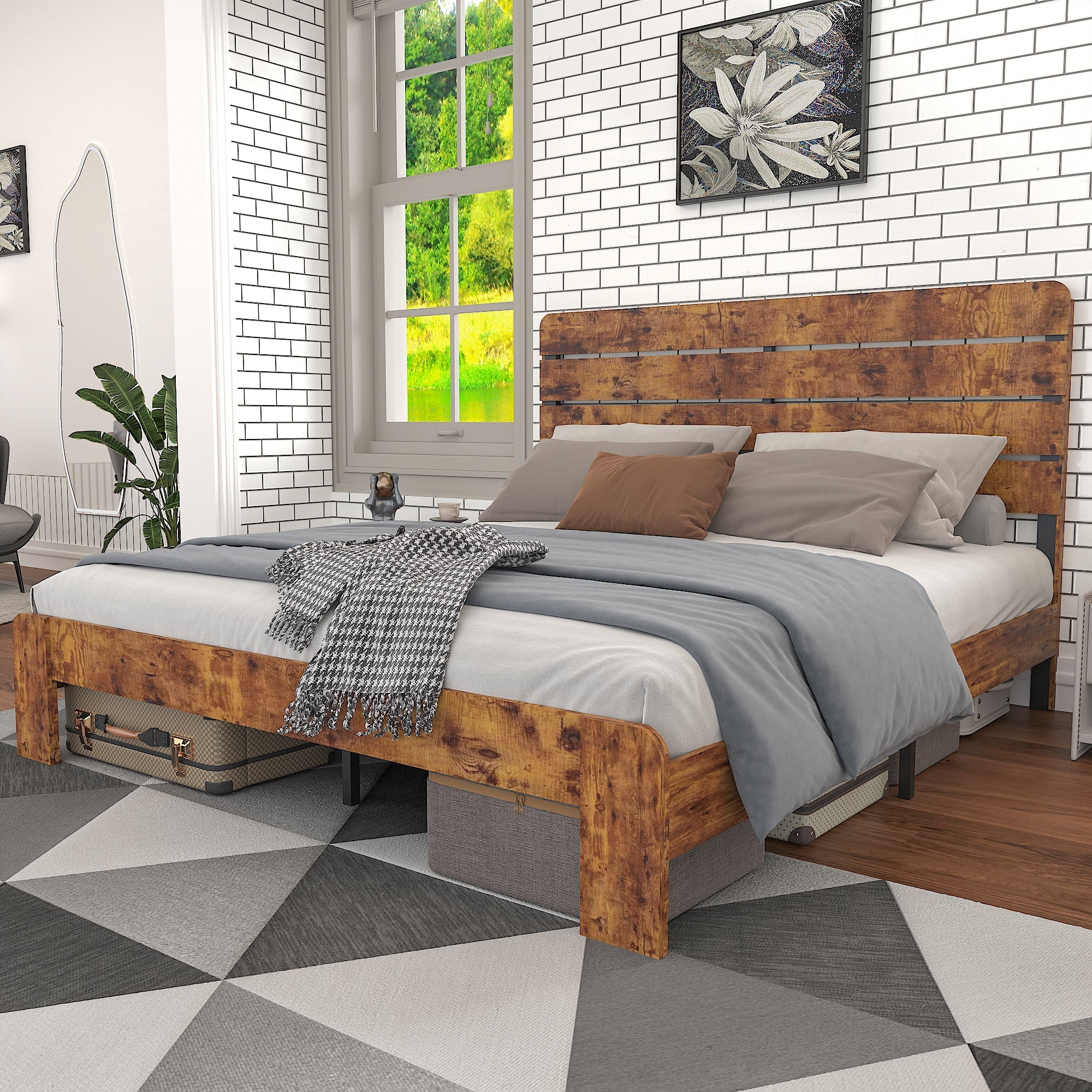 Wooden Double Bed 160x200cm Antique Frame High Headboard, Wood/Iron