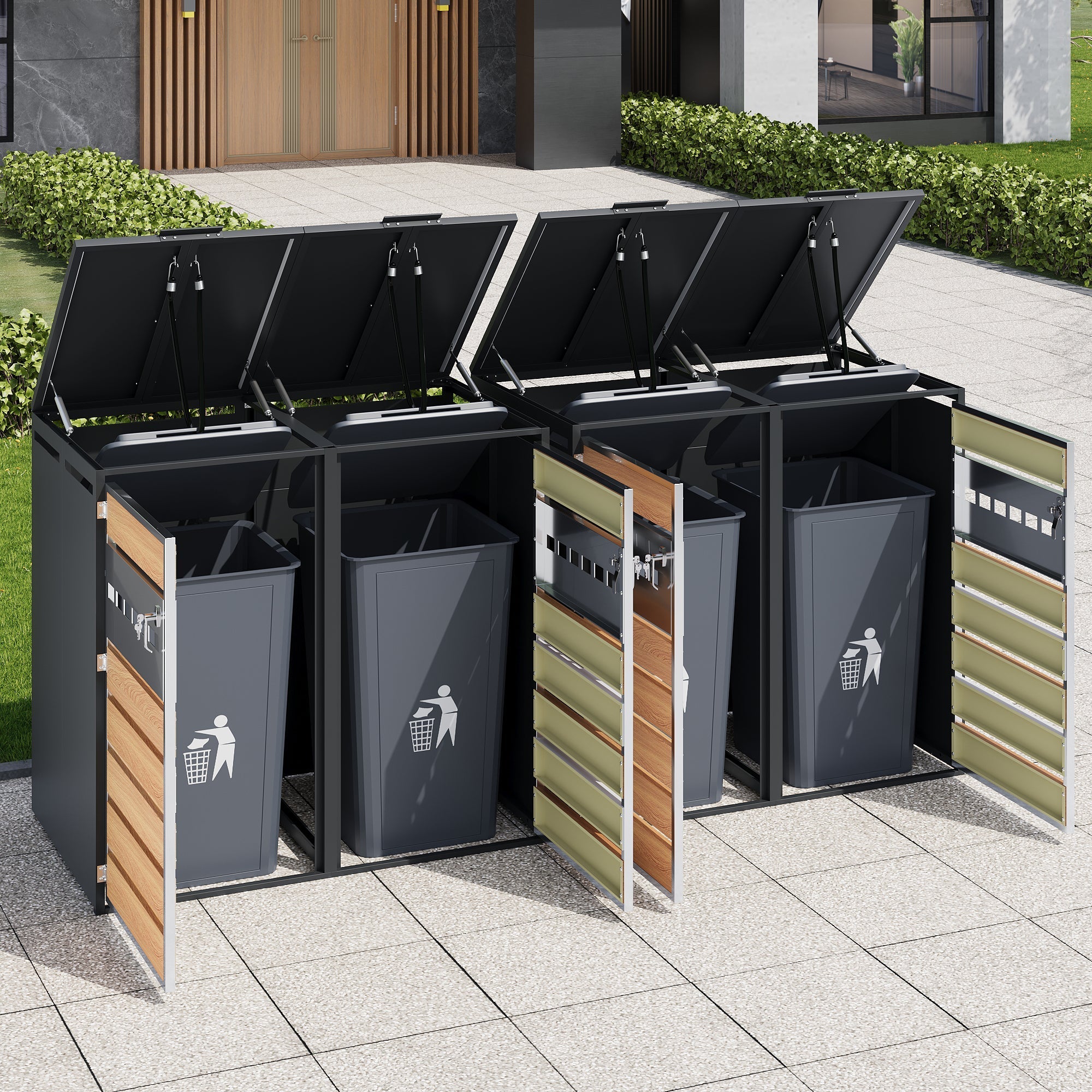 Bin Storage Box with Hinged Lid, Lockable and Four Doors, Horizontal Wood Grain Blocks