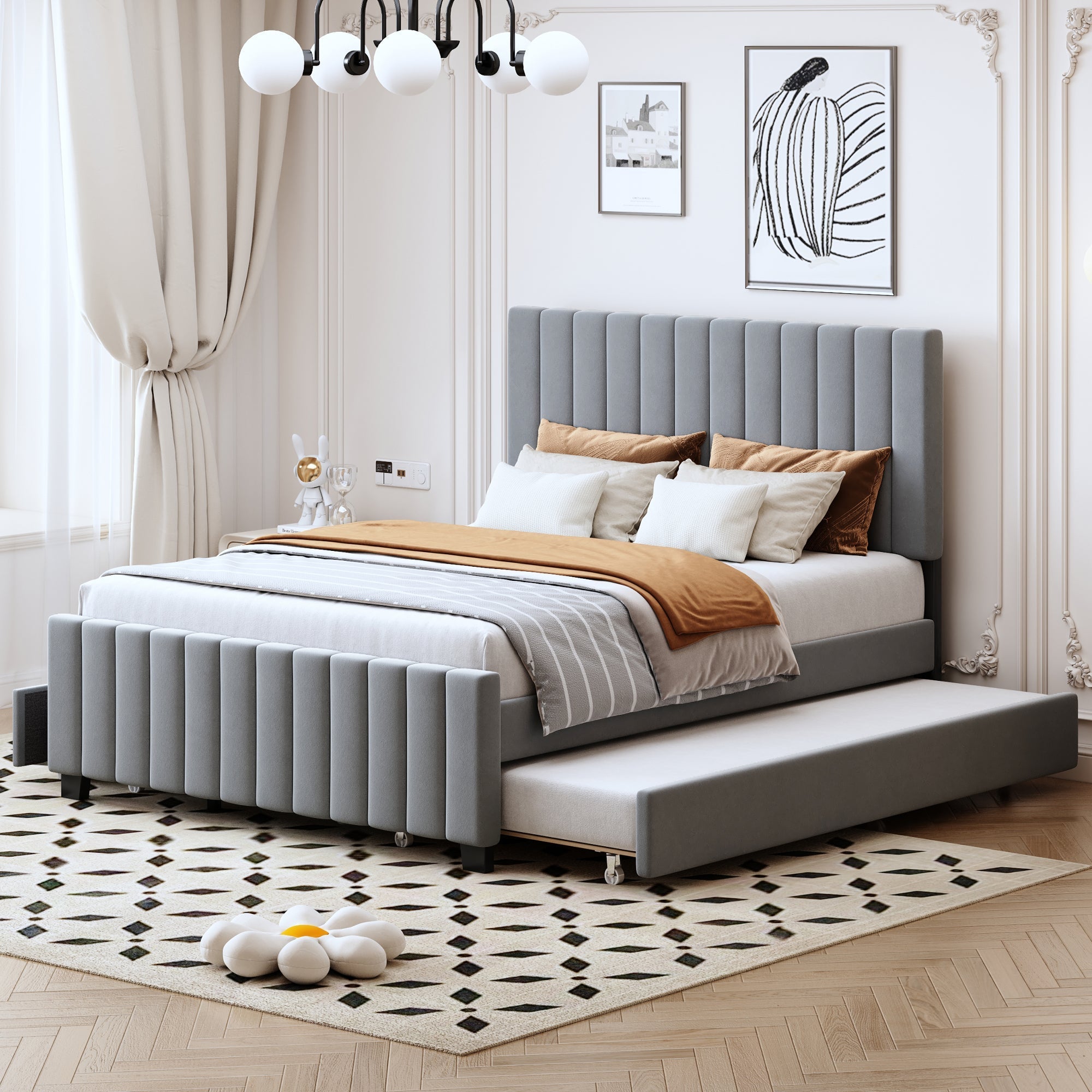 Upholstered Bed 140x190cm, Pull-Out & 2 Drawers, Velvet, Grey