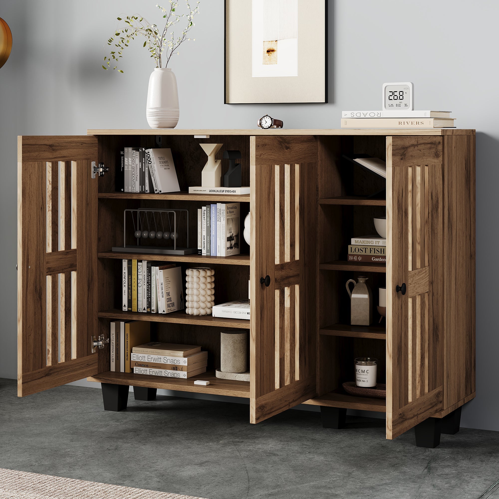 Side Cabinet, 120x32x92cm 3-Door with 8 Storage Compartments for Living Room, Bedroom, Office, Entryway