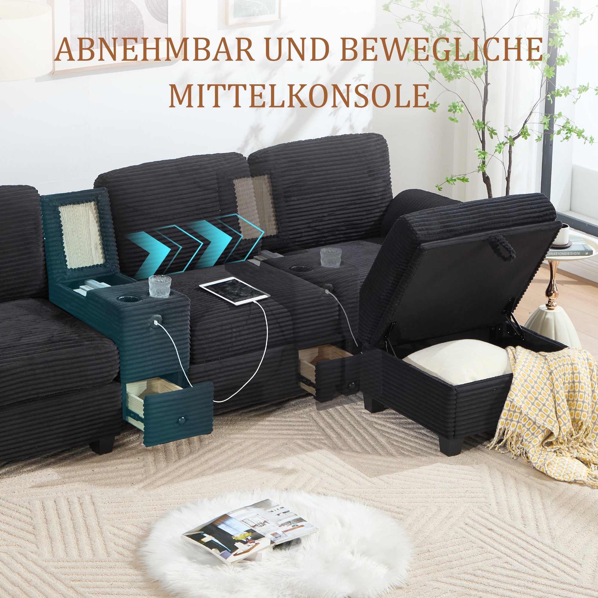 Large Sofa Removable Console USB-C Storage Ottoman - Corduroy