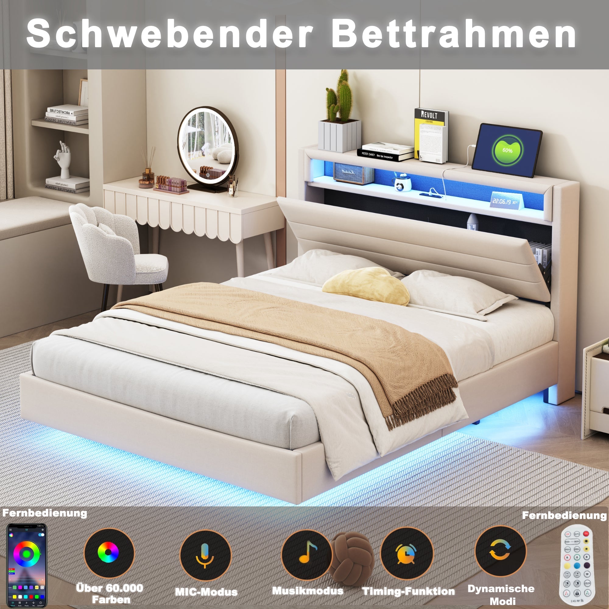 Upholstered Bed 160x200 cm, USB & LED, Reversible Headboard, Linen Fabric Beige
