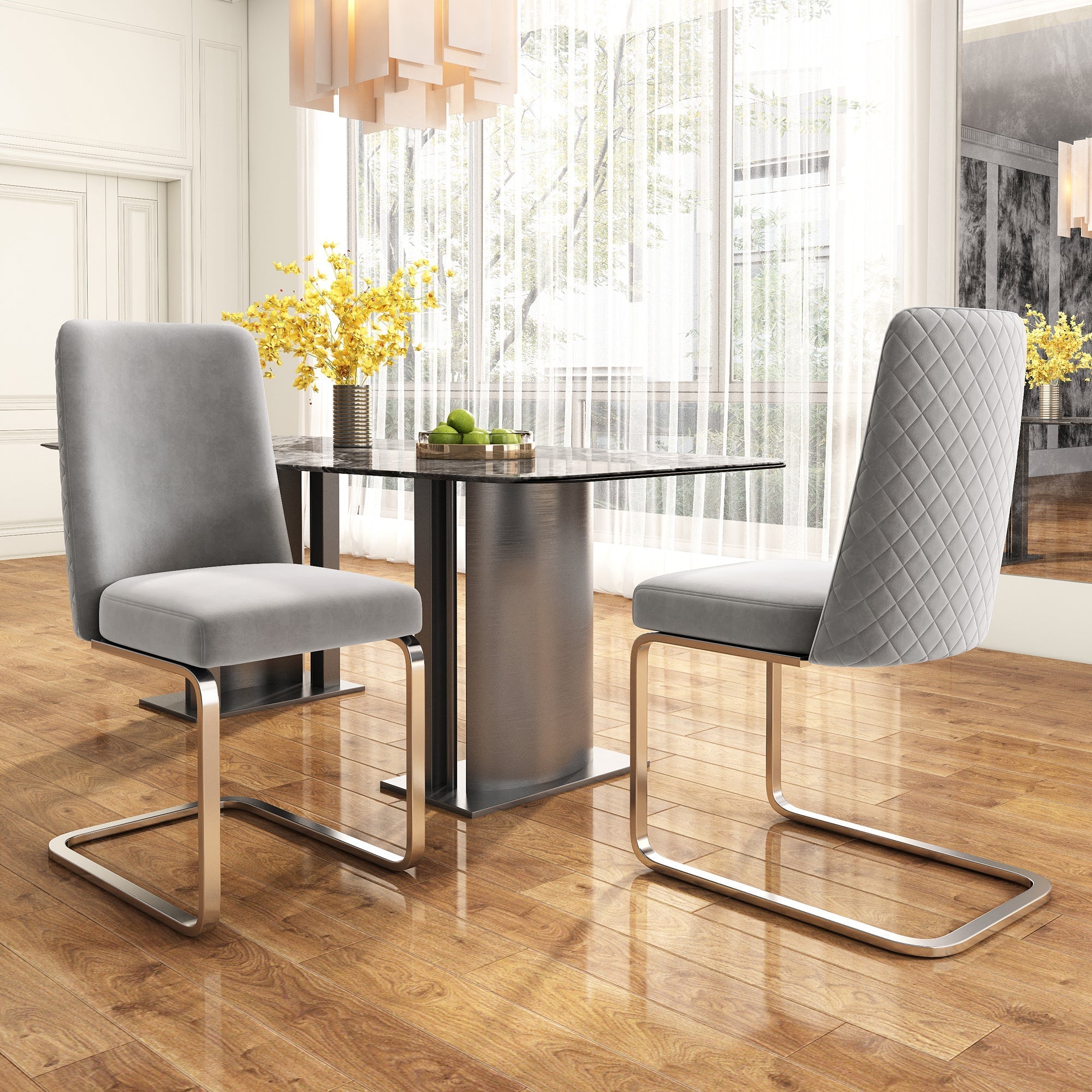 Velvet Dining Chair Set of 4 Diamond Back Luxurious Metal Legs Grey