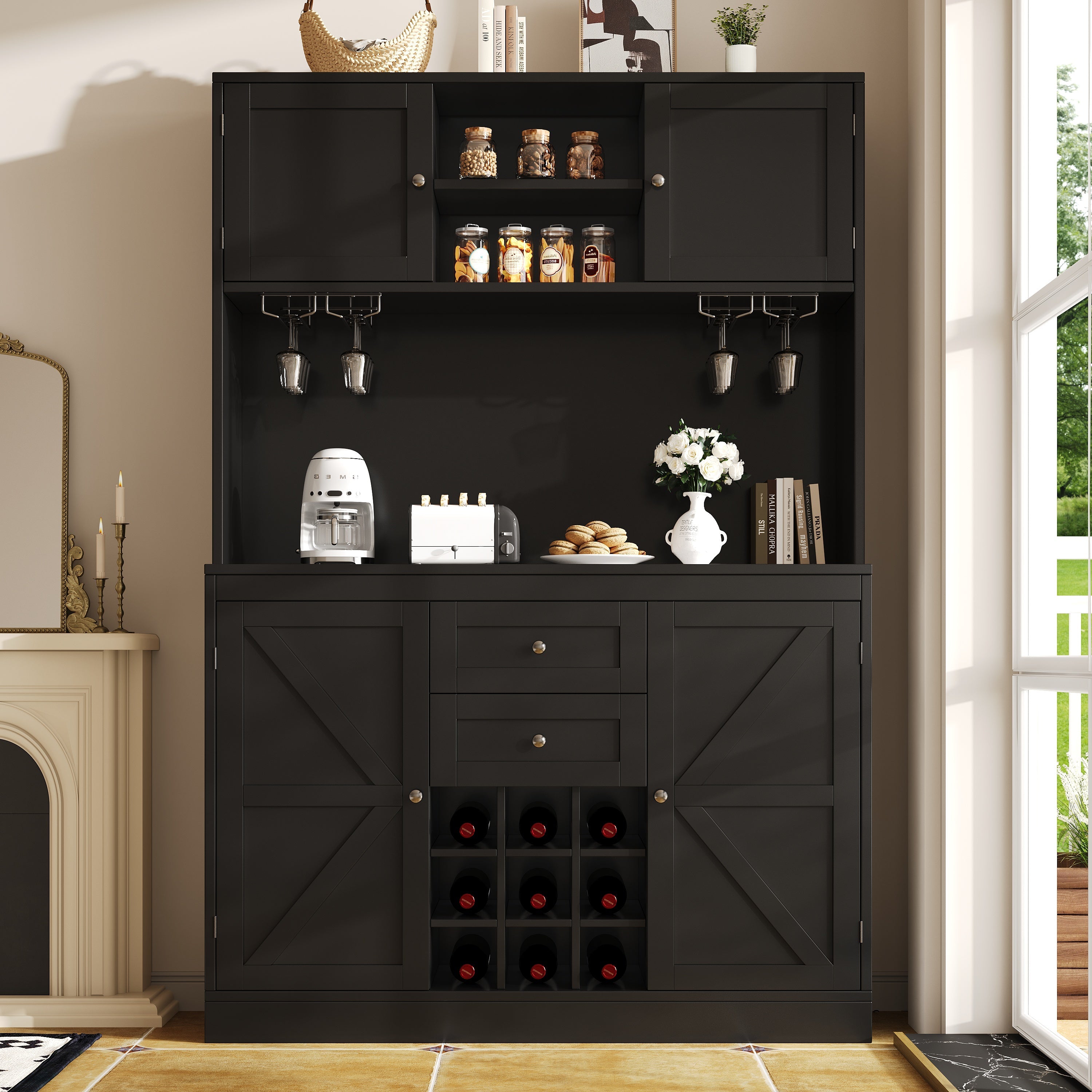Kitchen Buffet Cabinet with 4 Doors and 2 Drawers, Adjustable Shelves and Wine Rack, Black