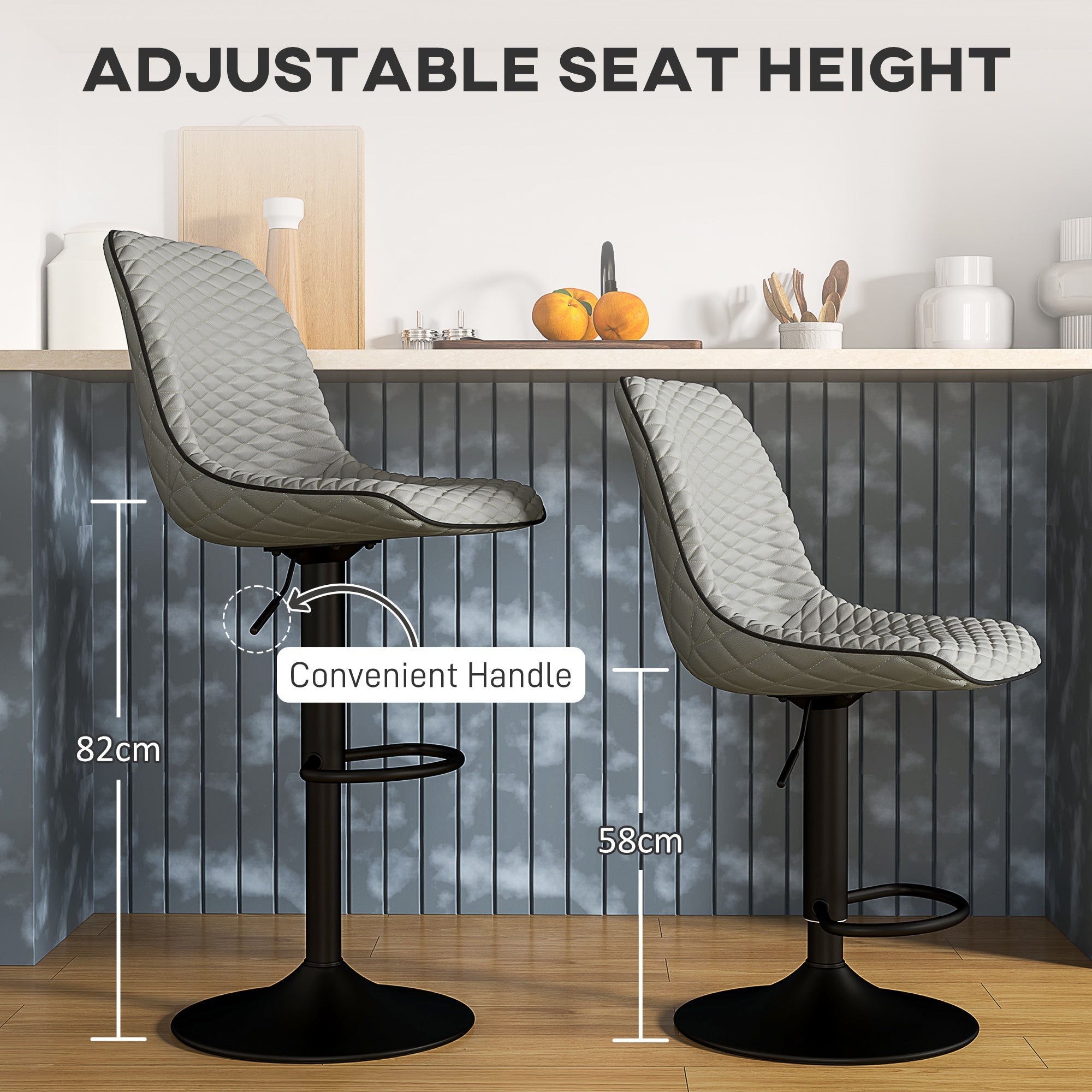 Bar Stools Set of Two Adjustable Height Faux Leather Grey