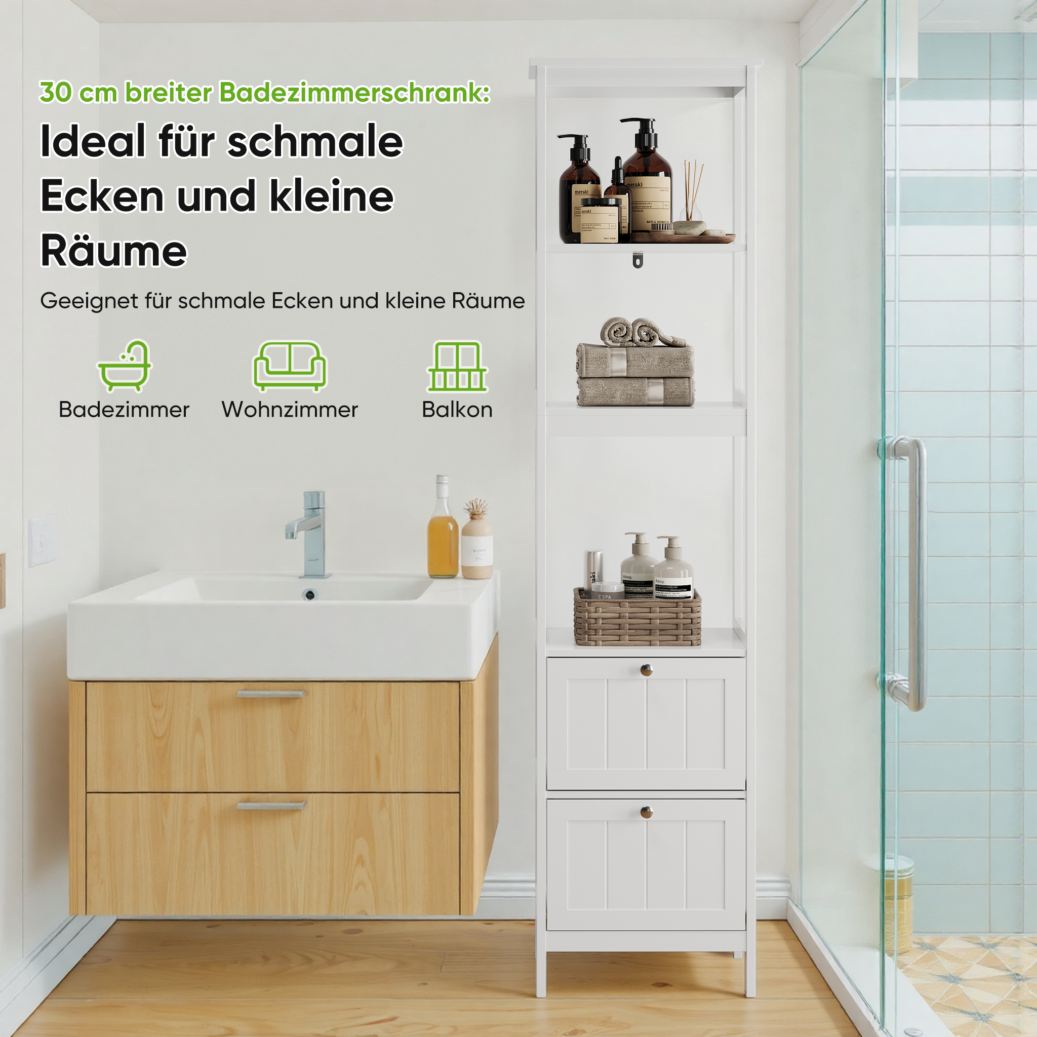 Narrow Tall Cabinet, Bathroom Freestanding with 2 Drawers & 3 Shelves, Wooden White